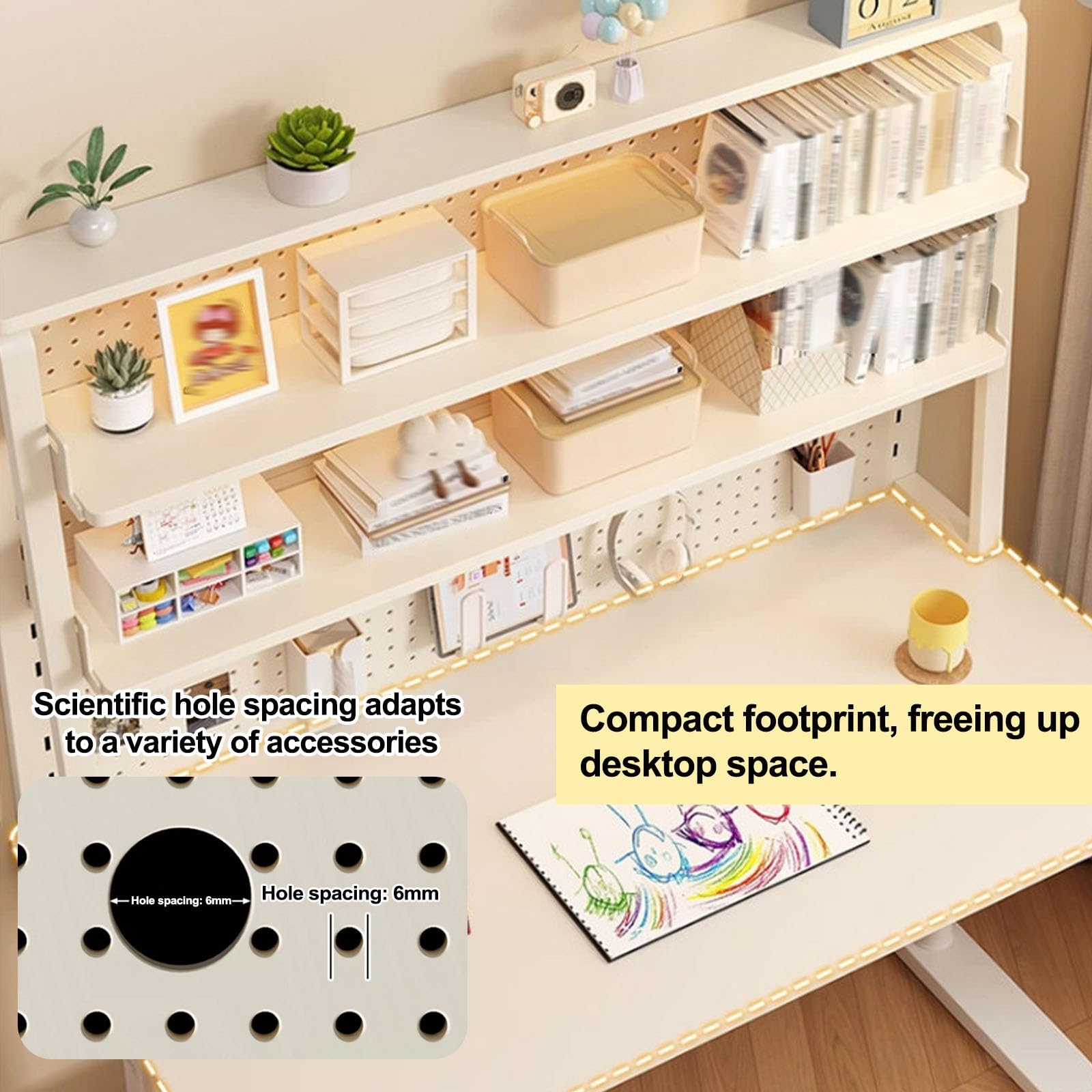 Estantería de Escritorio Blanca con Panel Perforado Organizador Mesa | Estante de escritorio blanco panel perforado de metal, accesorios para colgar y gran capacidad(2-tier,L60cm/23.6'')