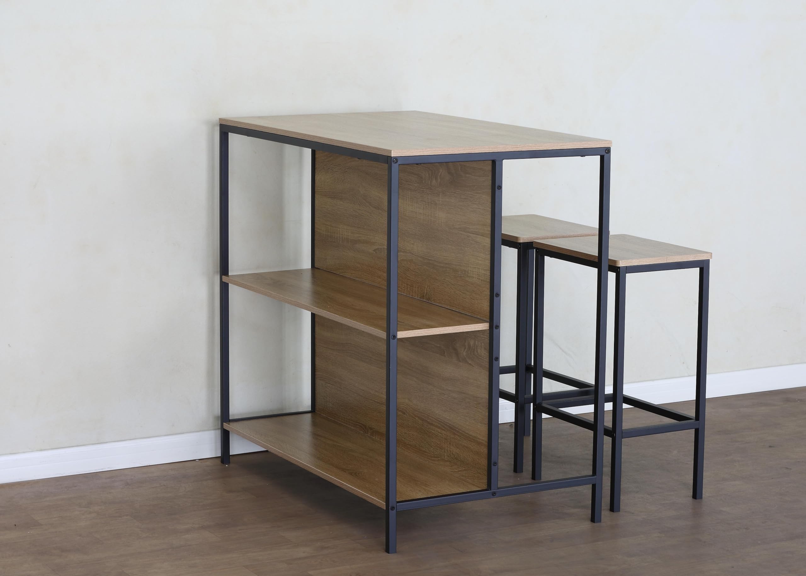 Buyqualia - Set de Mesa Alta con 2 Taburetes y Estantería Lateral 95x100x60 cm – Conjunto de Barra de Cocina, Comedor o Salón, Mesa Alta con Almacenaje