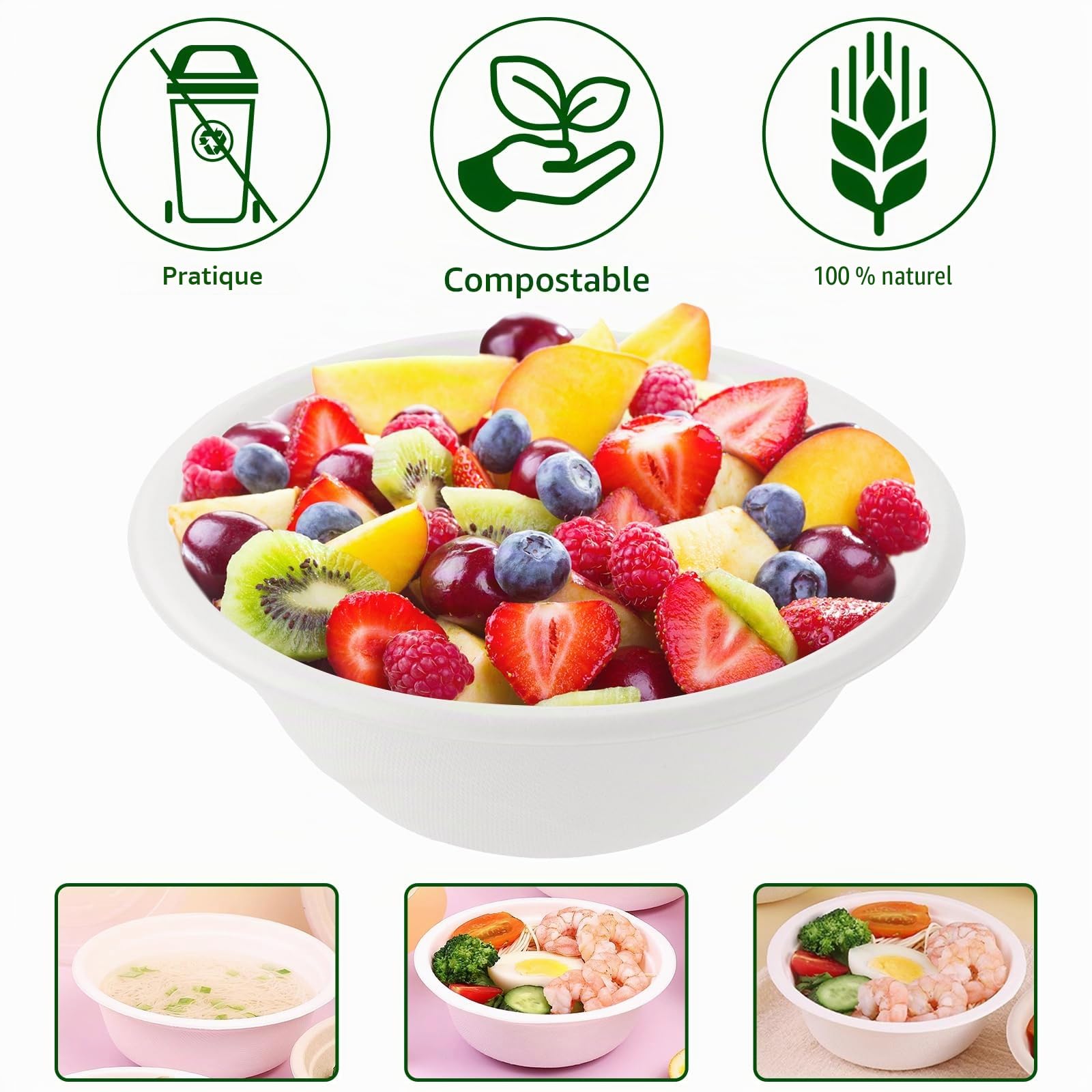 100 Bols Jetables 750 ml, Bols à Soupe en Bagasse de Canne à Sucre, Compostables et Résistants (100 pièces), Pour Fêtes, Pique-nique, Usage Alimentaire, Blanc