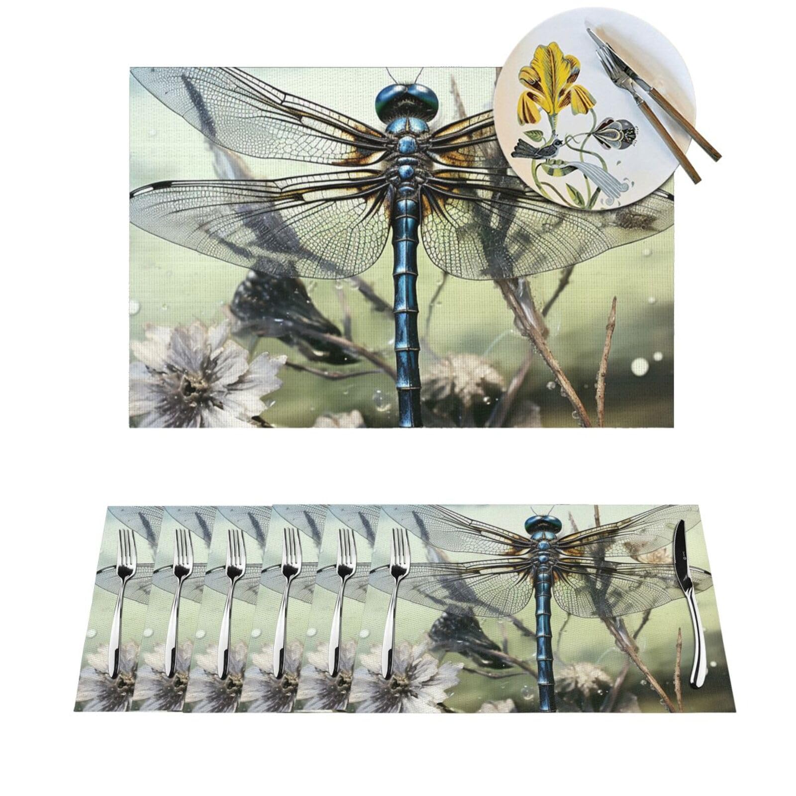 Sets de table lavables et antidérapants motif libellule résistant chaleur