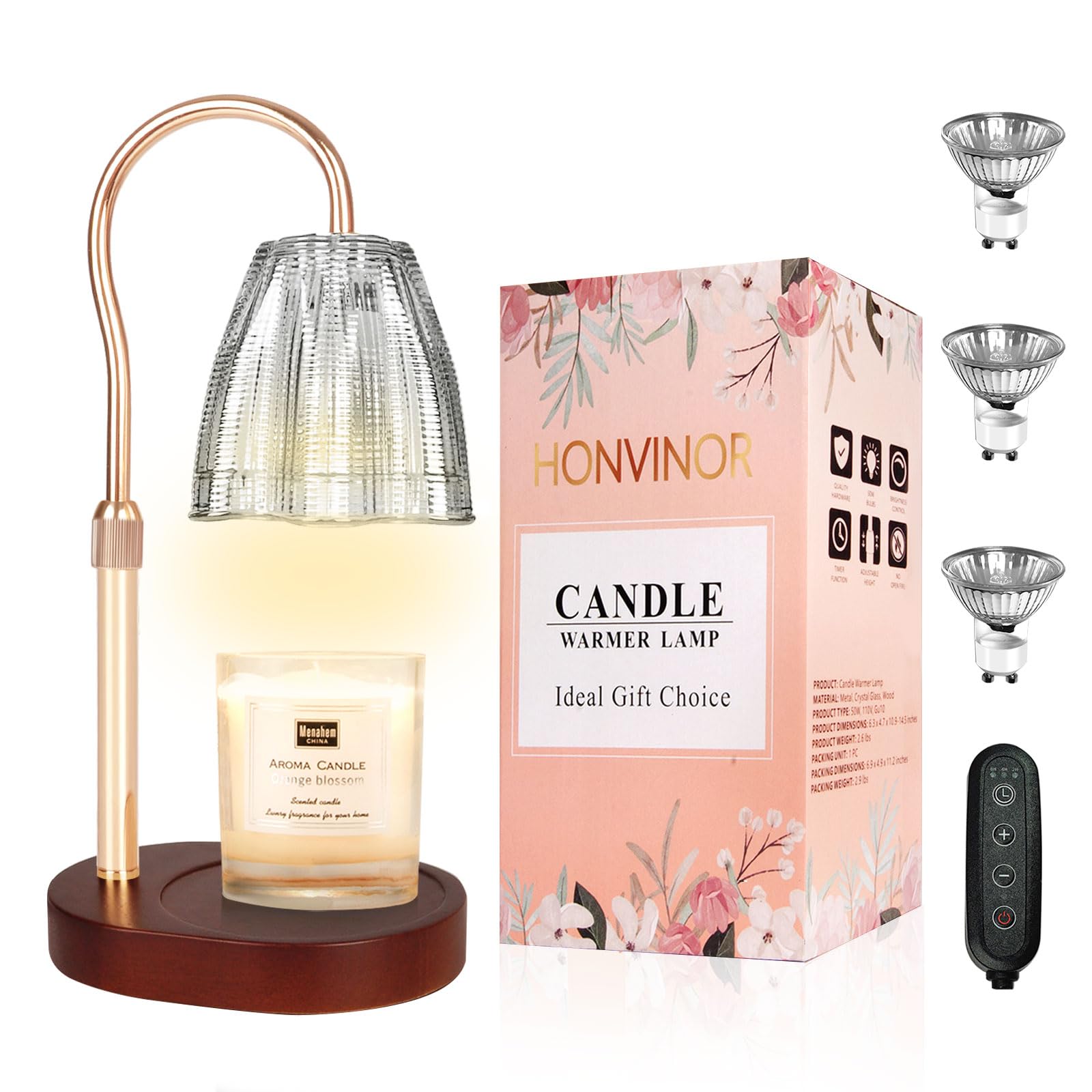 Candle Warmer Lamp with Timer & Dimmer, Candle Warmer Height Adjustable, Fits All Jar Scented Candles, Candle Lamp with 3 Bulbs, Charming Gift for Home Decor