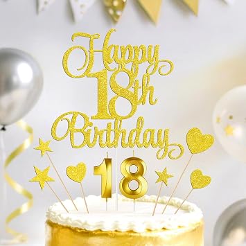 Gold Happy 18th Birthday Cake Decorations, Glitter 18th Birthday Cake Toppers Set and Numeral 18 Candles for Birthday Party Supplies, Heart Star Cupcake Decorations