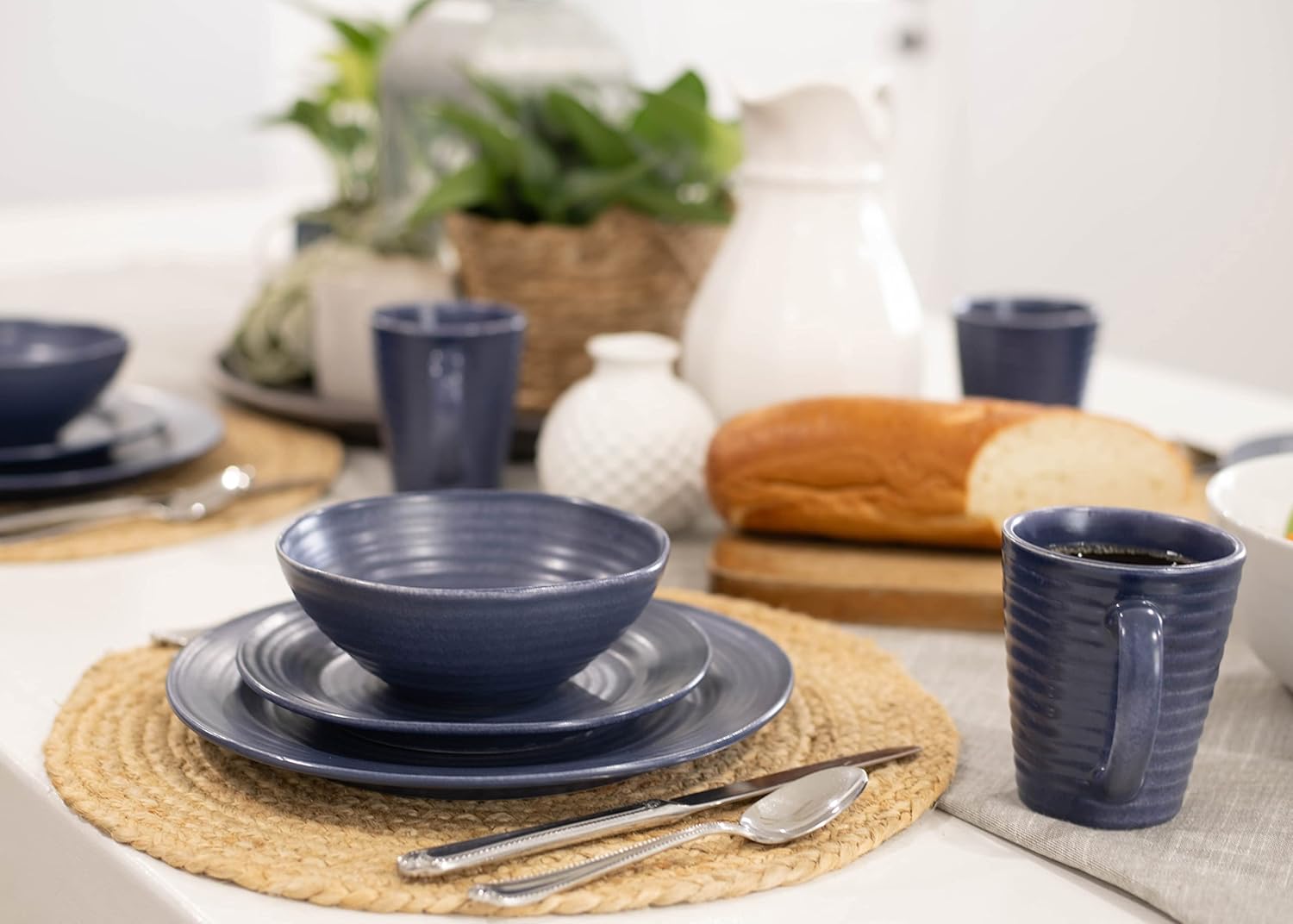  | Elanze Designs Chic Ribbed Ceramic Stoneware Dinnerware 16 Piece Set - Service for 4, Navy Blue: Dinnerware Sets