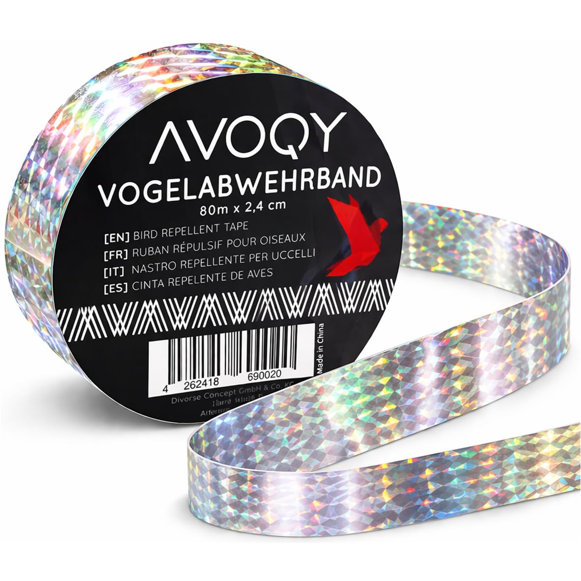 AVOQY Premium Vogelabwehr-Band Reflektierend [80m x 2,4cm], Reflektor-Band Vogel-Schreck Schutz Pflanze Obst-Bäume Frucht Blüte, Flatterband Taubenabwehr vertreiben Haus Garten Balkon, Vogelband