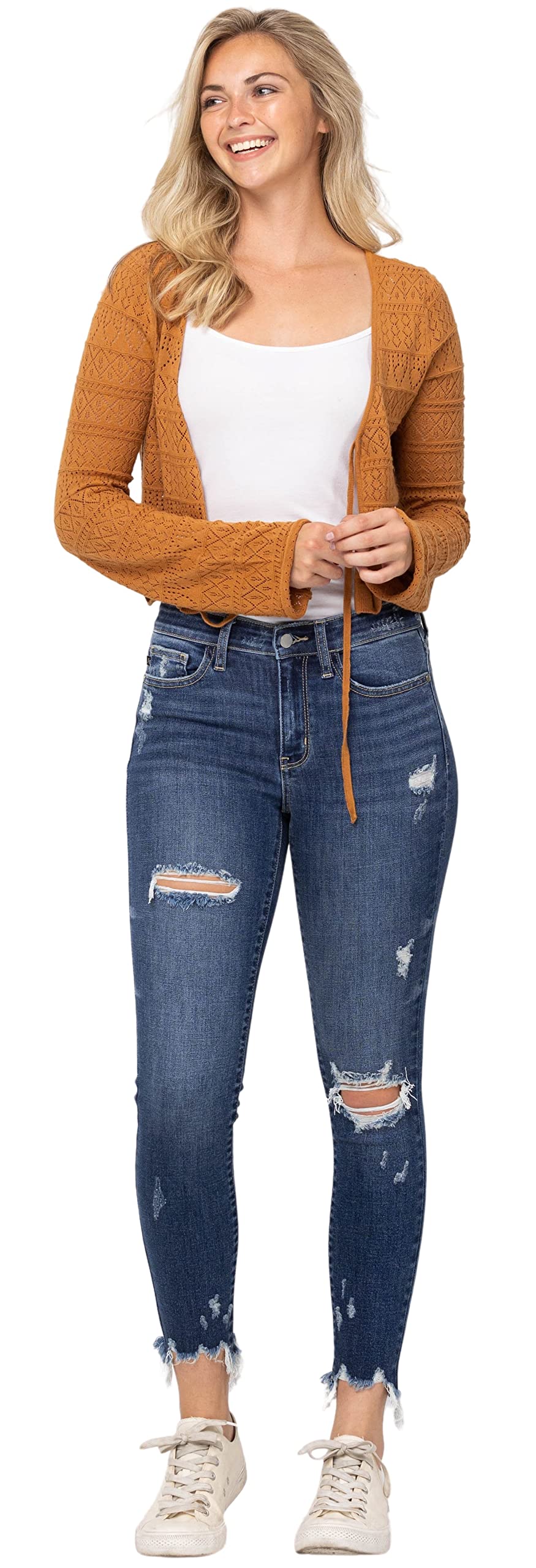 Judy Blue Women's Mid Rise Raw Hem Destroyed Skinny Jeans