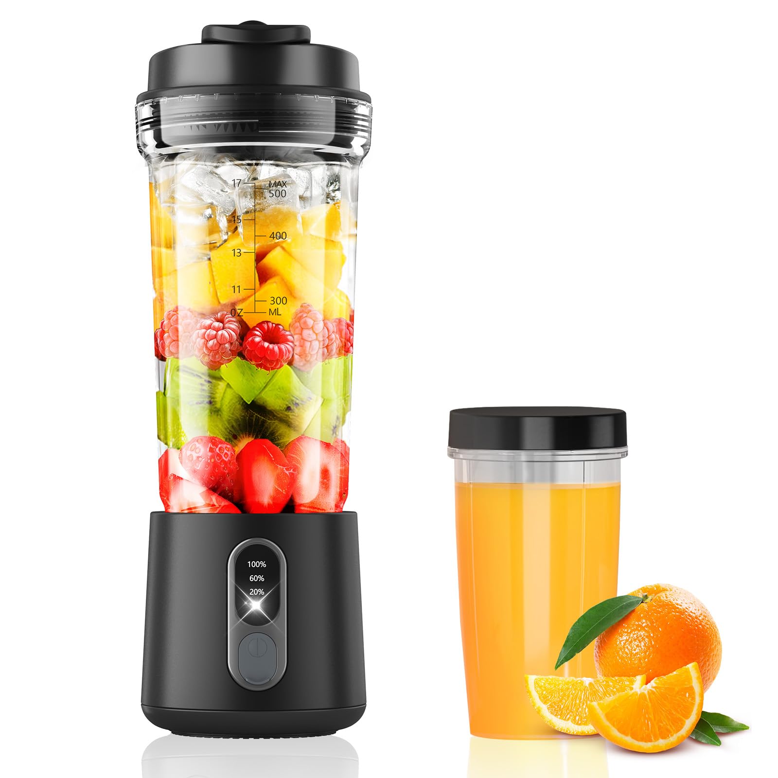 Foyucool Portable Blender for Smoothies and Shakes, 2 Portable Blender Cups, 17 &10 oz Cordless Personal Small Blender with Straw Brush&Lid, USB-C Rechargeable, Quiet Mini Travel Blender, Black