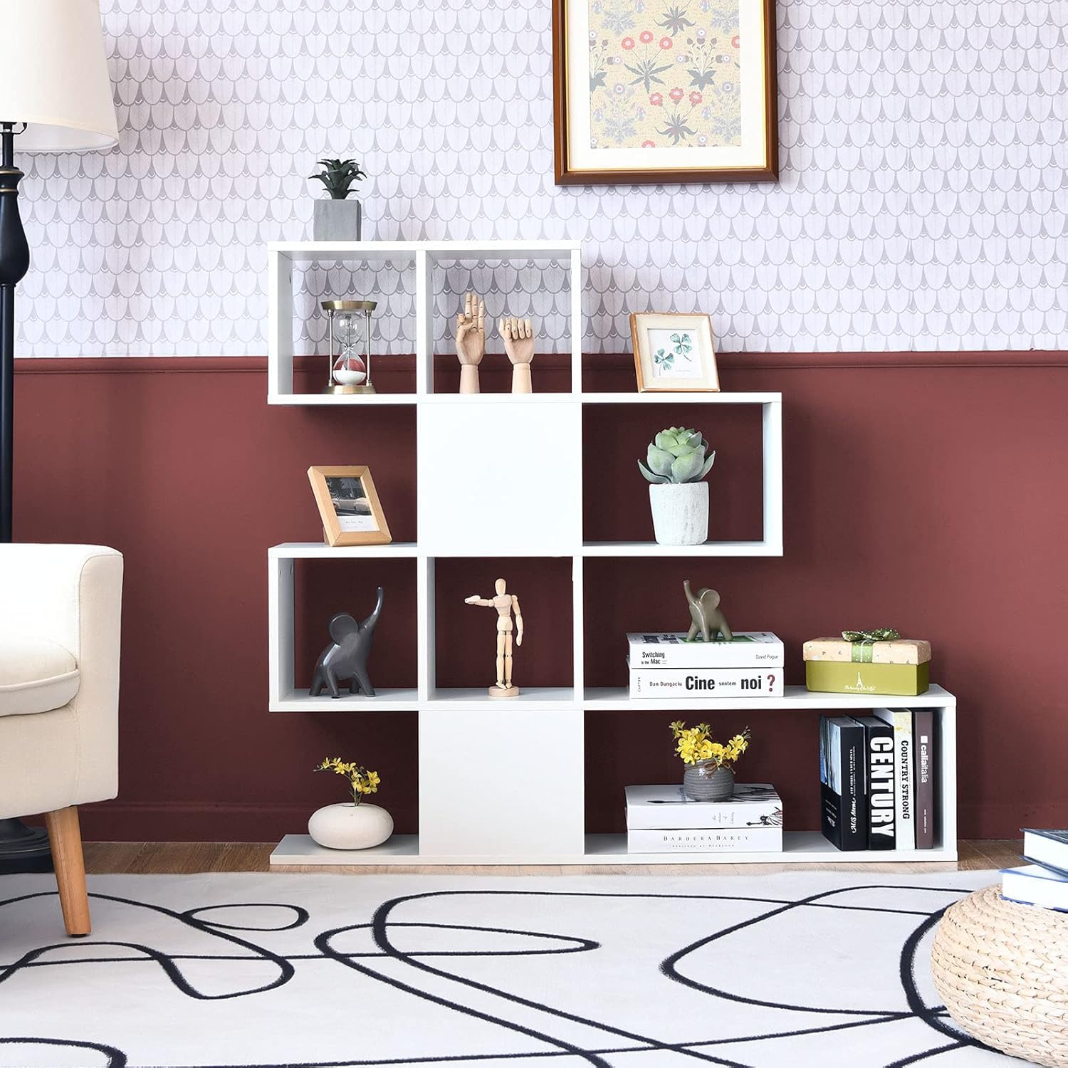 FANTASK 4-stöckiges Bücherregal, Raumteiler Regal aus Holz, freistehendes Treppenregal (Weiß)