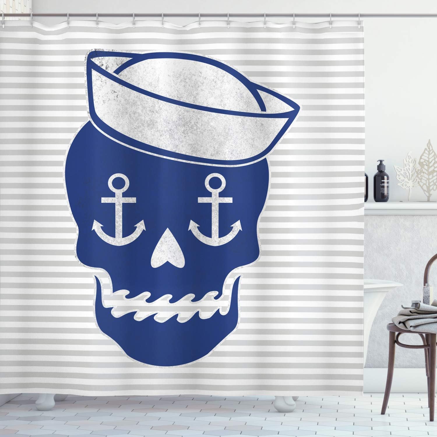 Ambesonne Skull Shower Curtain, Composition with Stripes and Silhouette Nautical Themed Arrangement, Cloth Fabric Bathroom Decor Set with Hooks, 70 Inches, Blue Grey and White