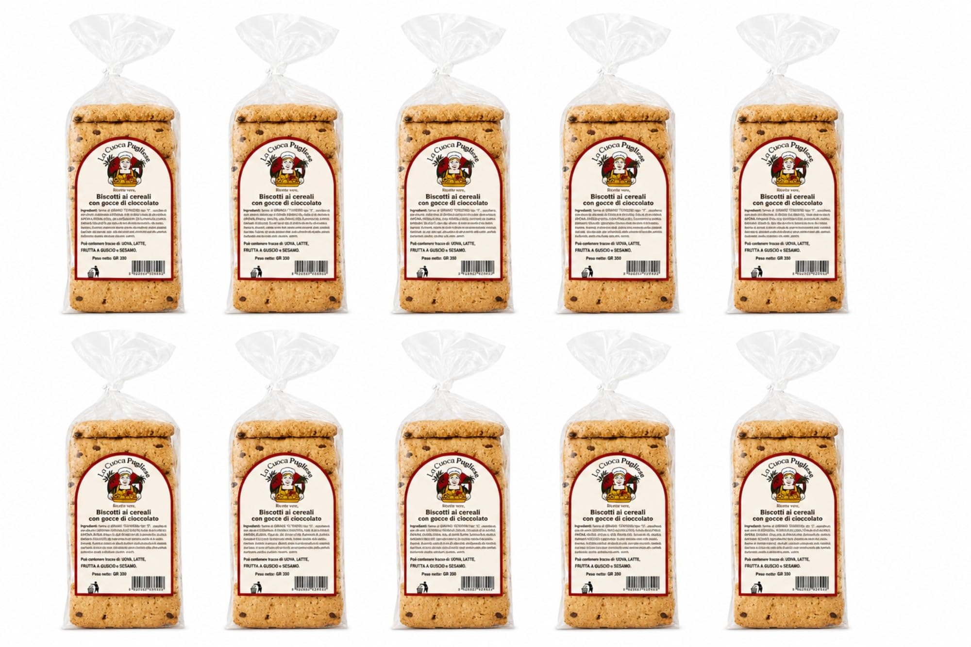 La Cuoca Pugliese - Biscotti ai Cereali con Gocce di Cioccolato, biscotti artigianali pugliesi, dolci da forno fragranti per colazione e merenda, 10 confezioni da 350 g