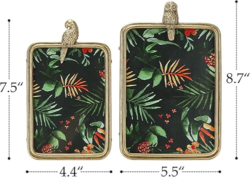 Miniatura 6 de NIKKY HOME Juego de 2 portarretratos dorados de 4 x 6 y 5 x 7 pulgadas con vidrio de alta definición, temática tropical hawaiana con loro de búho,