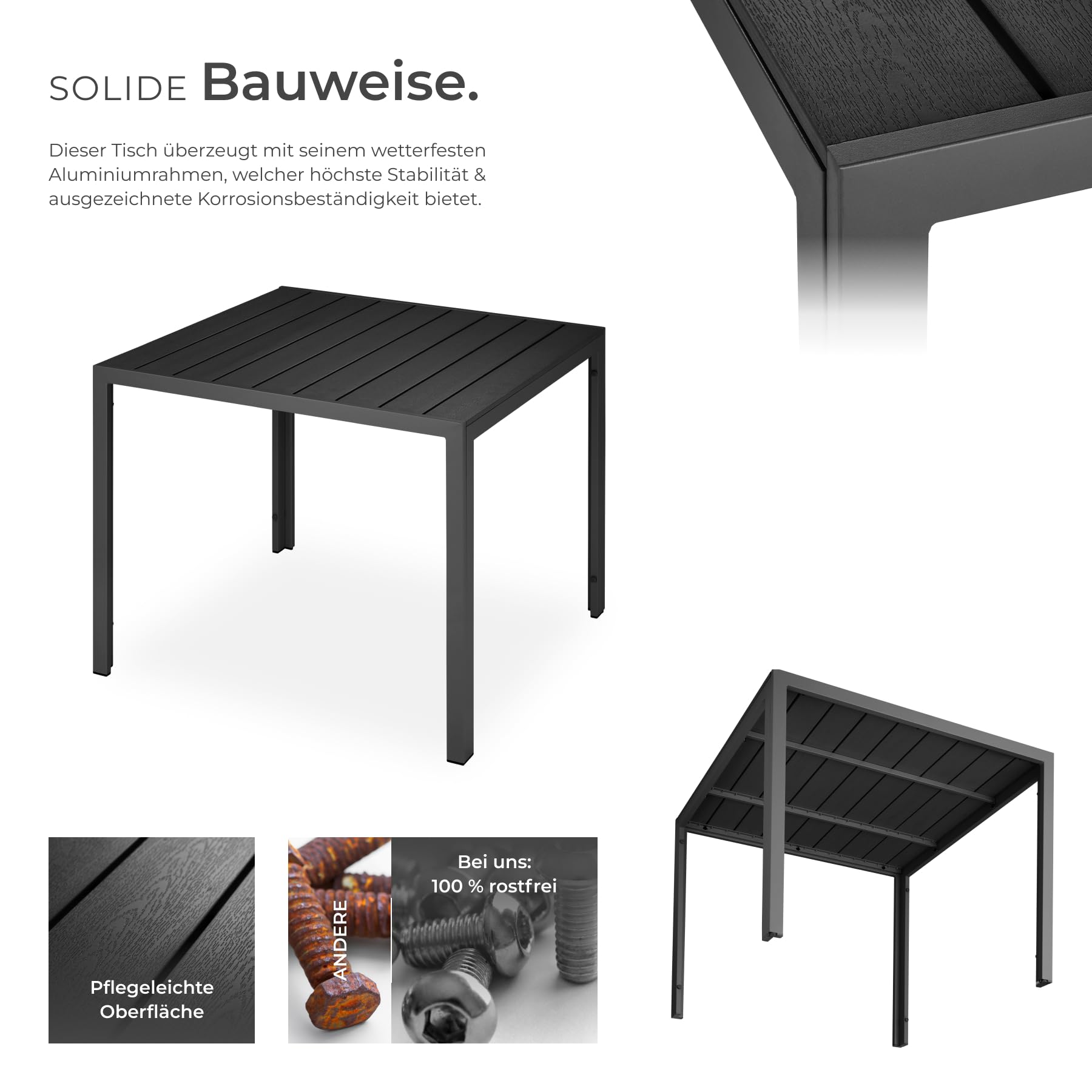 tectake® Gartentisch, Outdoor Esstisch, Balkontisch in Holz Optik, Terrassentisch mit Aluminiumrahmen, Gartenmöbel wetterfest, 90x90x74,5cm, Tisch für Garten, Lounge, Sitzgruppe - schwarz