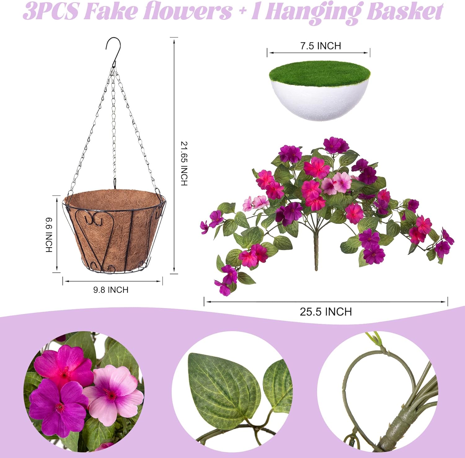 3 Bundles Artificial Fake Flowers for Outdoors with Hanging Baskets Faux Hanging Flowers Plants for Outdoor Planters UV Resistant Silk Flowers for Outside Spring Home Front Porch Garden Décor - Image 2