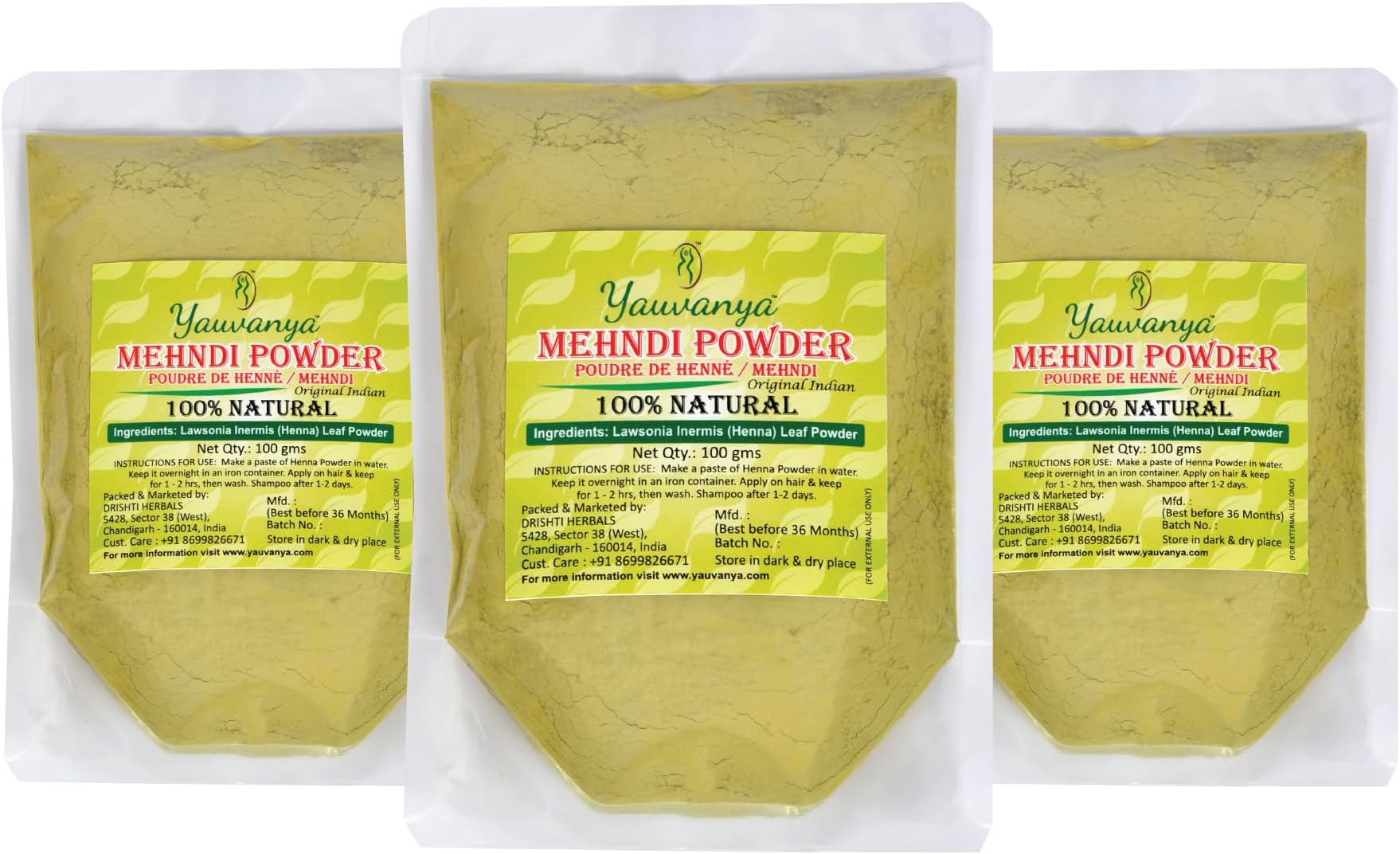 Yauvanya Original Indian Rajasthani Pure and Natural Henna (Mehndi) for Hair | Natural hair color | No chemical - 300 gms (3 Packets of 100 gms each)