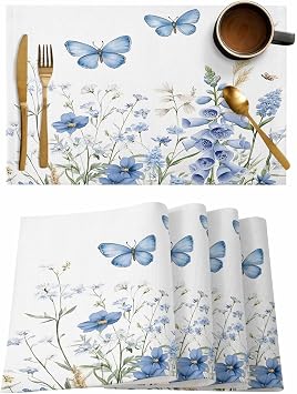 Bluebells Spring Placemats Set of 4, Light Blue Wildflowers Butterfly 13x19 Inch Washable Non Slip Linen Table Mats, Floral Garden Scenery Rustic Summer Placemats for Dining Table Party Kitchen Decor