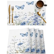 Bluebells Spring Placemats Set of 4, Light Blue Wildflowers Butterfly 13x19 Inch Washable Non Slip Linen Table Mats, Floral Garden Scenery Rustic Summer Placemats for Dining Table Party Kitchen Decor
