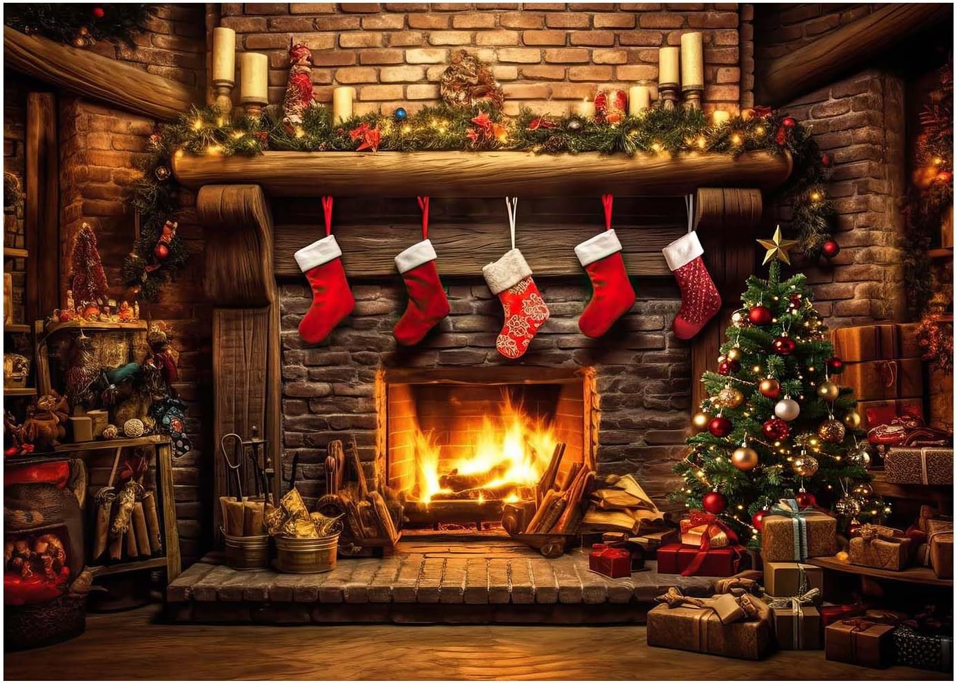 Amazon.com : AIIKES 7x5ft Retro Christmas Fireplace Backdrop Winter ...