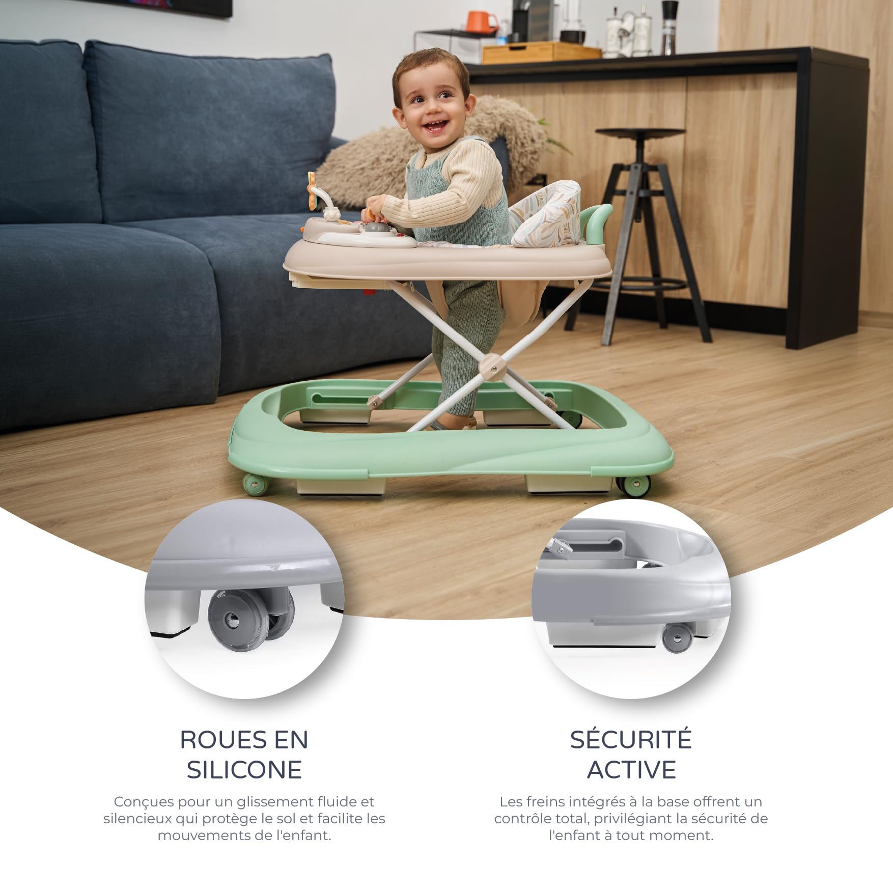 MS BabyWorld - Trotteur BASIC PLUS - Trotteur pour bébé avec plateau de jeux interactif avec sons | Base anti-basculement | Déambulateur roues en silicone et 3 positions de hauteur (Gris)