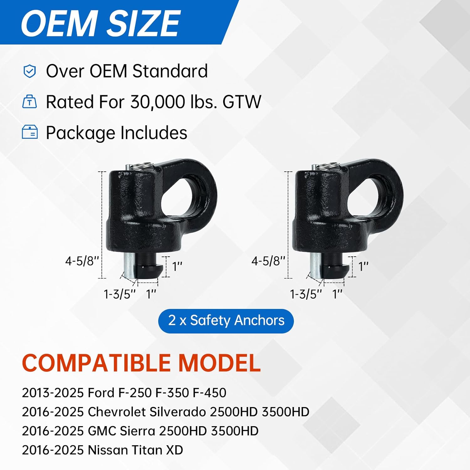 60691 30k Puck System Gooseneck Safety Chain Anchors for 2013-2024 Ford F250 F350 F450, 2016-2024 Chevrolet Silverado, GMC Sierra, Nissan Titan XD, Cast Steel, Carbide Black Powder Coat Finish