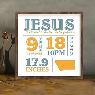 Rustic Wood Framed Sign Custom Baby Announcement New Baby Name Birth Moment Weight Home State Map Farmhouse Framed Printed Sign Retro Wall Sign with Frame Wall Art Decor for Bedroom Front Door 7 Inch