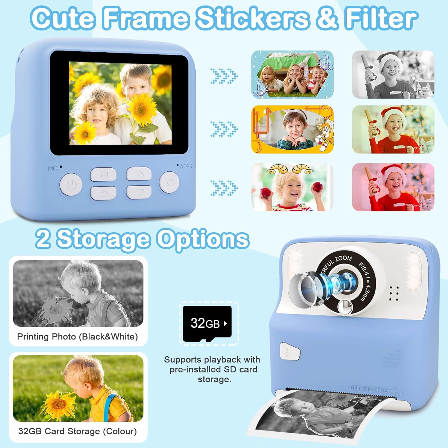 Instant Print Camera for Kids, Christmas Birthday Gifts for Age 3-12, 2.4 Inch Screen Children Selfie Digital Camera, Toddlers Portable Travel Toys for 3 4 5 6 7 8 9 10 Year Old Girls Boys (Blue) image 2 of 5 B0CP2TD823