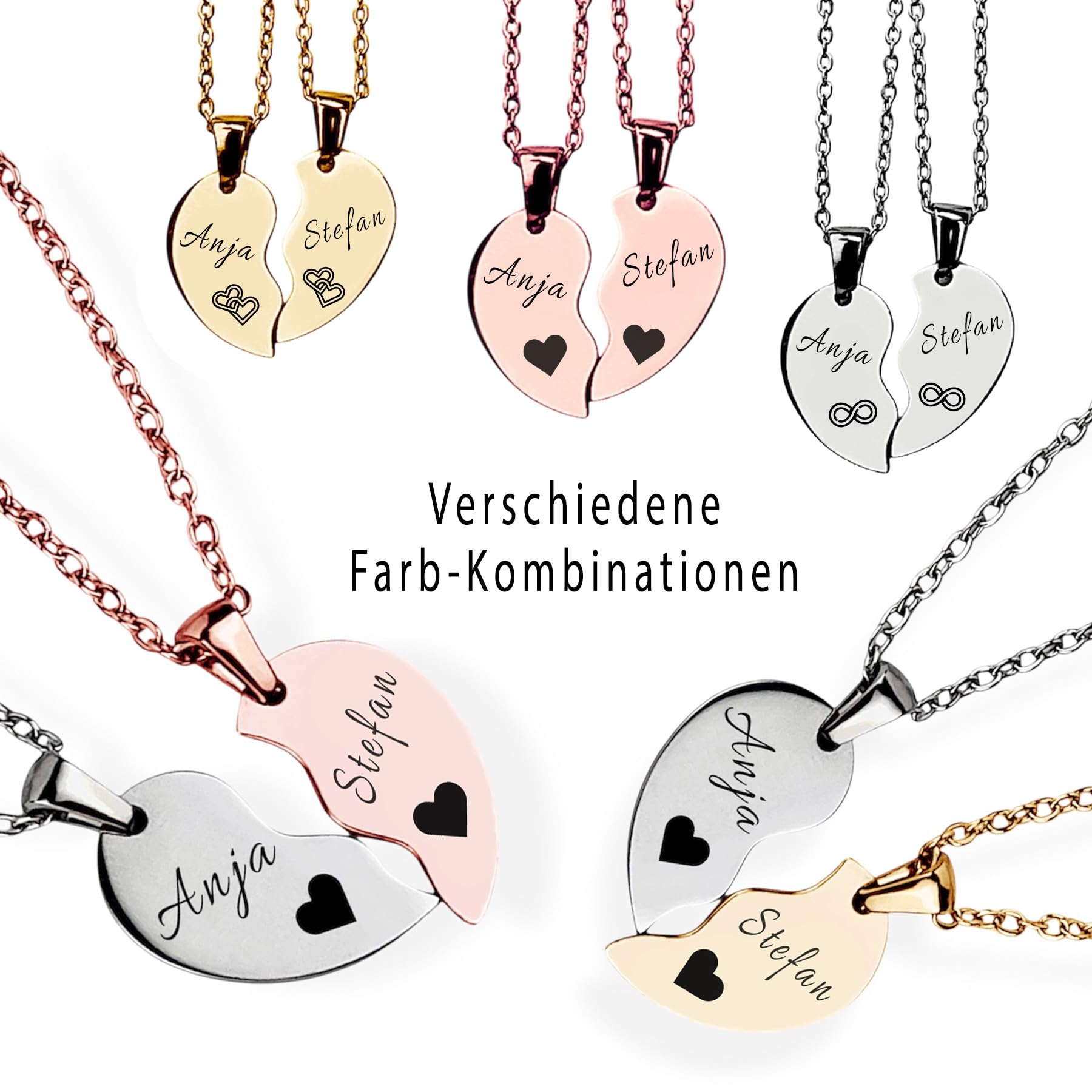 Herz Halskette für Paare mit Gravur | personalisiert mit Name, Datum, Spruch | Damen, Herren, Freundin, Verliebte | Kette verstellbar 45 cm, wasserfest mit Rückseite