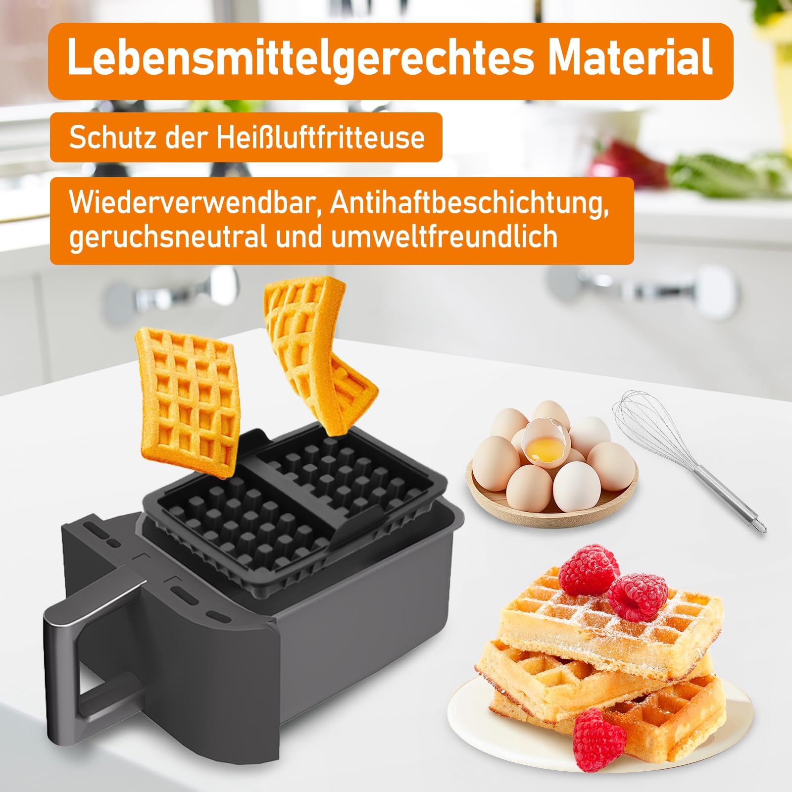 Bugucat Lot De 2 Moules à Gaufres En Silicone Pour Airfryer Ninja AF400EU, AF451EU, SL400EU, AF500DE – Empilables, Réutilisables, Résistants Jusqu'à 220°C