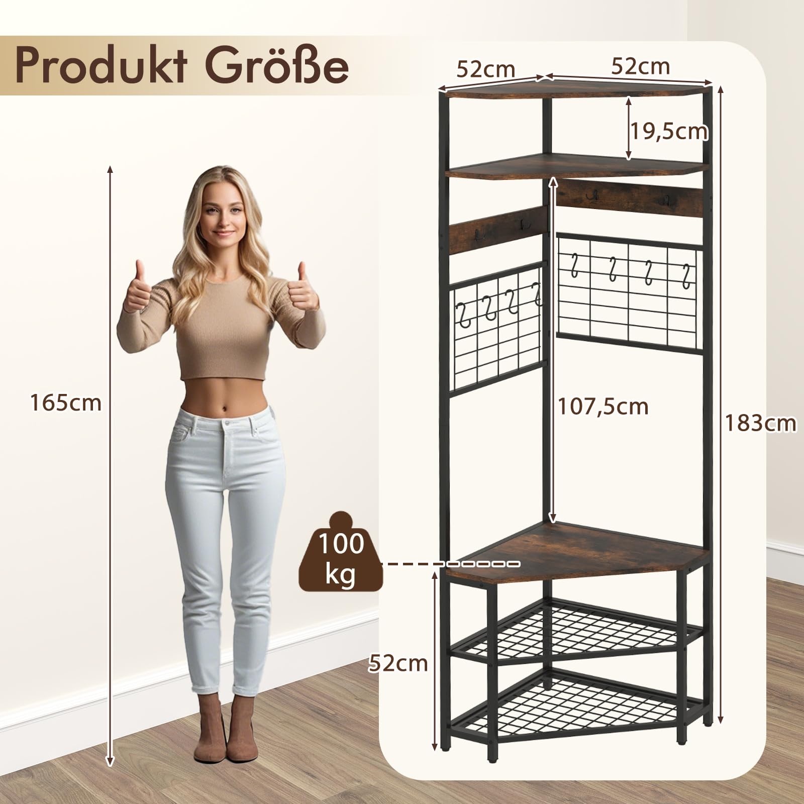 COSTWAY Narożny wieszak garderobiany 180 cm, 3 w 1, ławka do siedzenia i regał na buty, w zestawie 12 haczyków