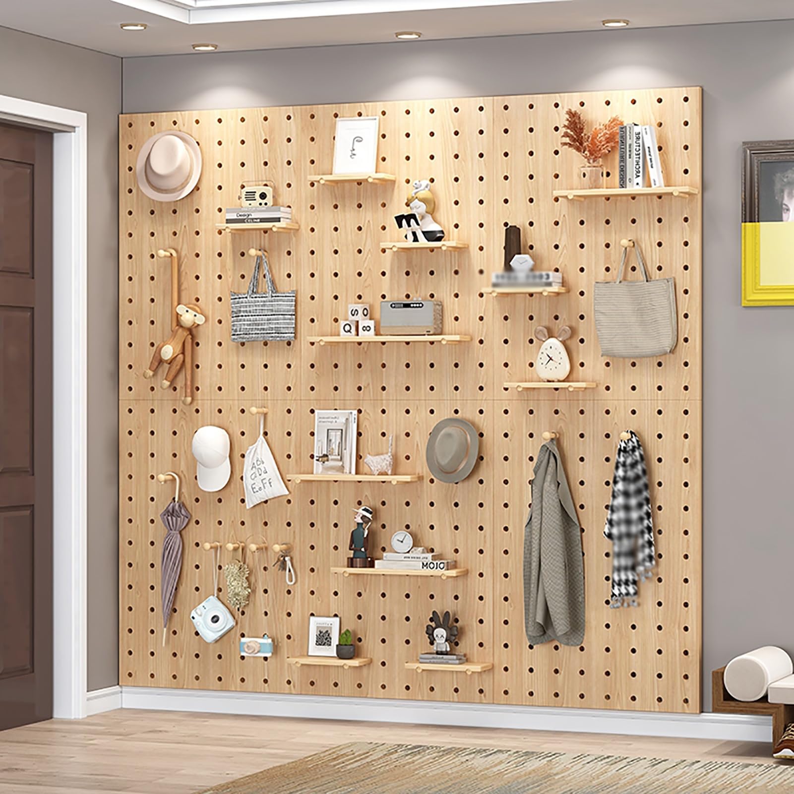 Pegboard Madera Tablero Perforado Escritorio Organizador Herramientas Panel Perforado Estanterias Almacenaje Pared con Accesorios(Natural,60x80cm/24x31in)