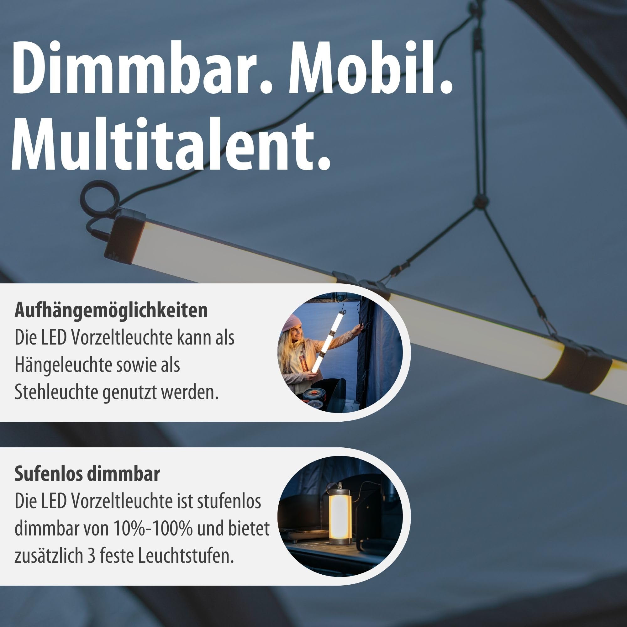 Brennenstuhl LED Vorzeltleuchte VL 500 (Hänge- und Stehlampe, 550lm, 5m USB C Kabel mit Schalter, IP54, dimmbar, Campinglampe mit Farbtemperaturstufen 2700K-6500K)