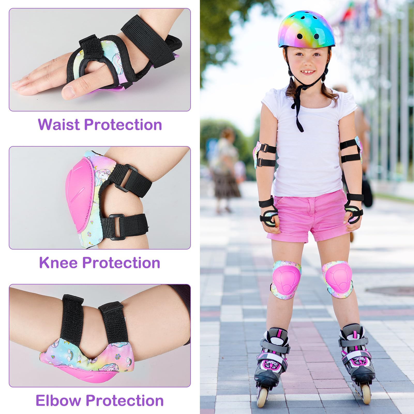 MHJY Protezioni Pattini Bambina Ginocchiere Skateboard Set di Protezioni per Bambini 7 IN 1 Gomitiere Protezione Regolabile per Bicicletta Pattinaggio Monopattino Ciclismo 3-8 Anni