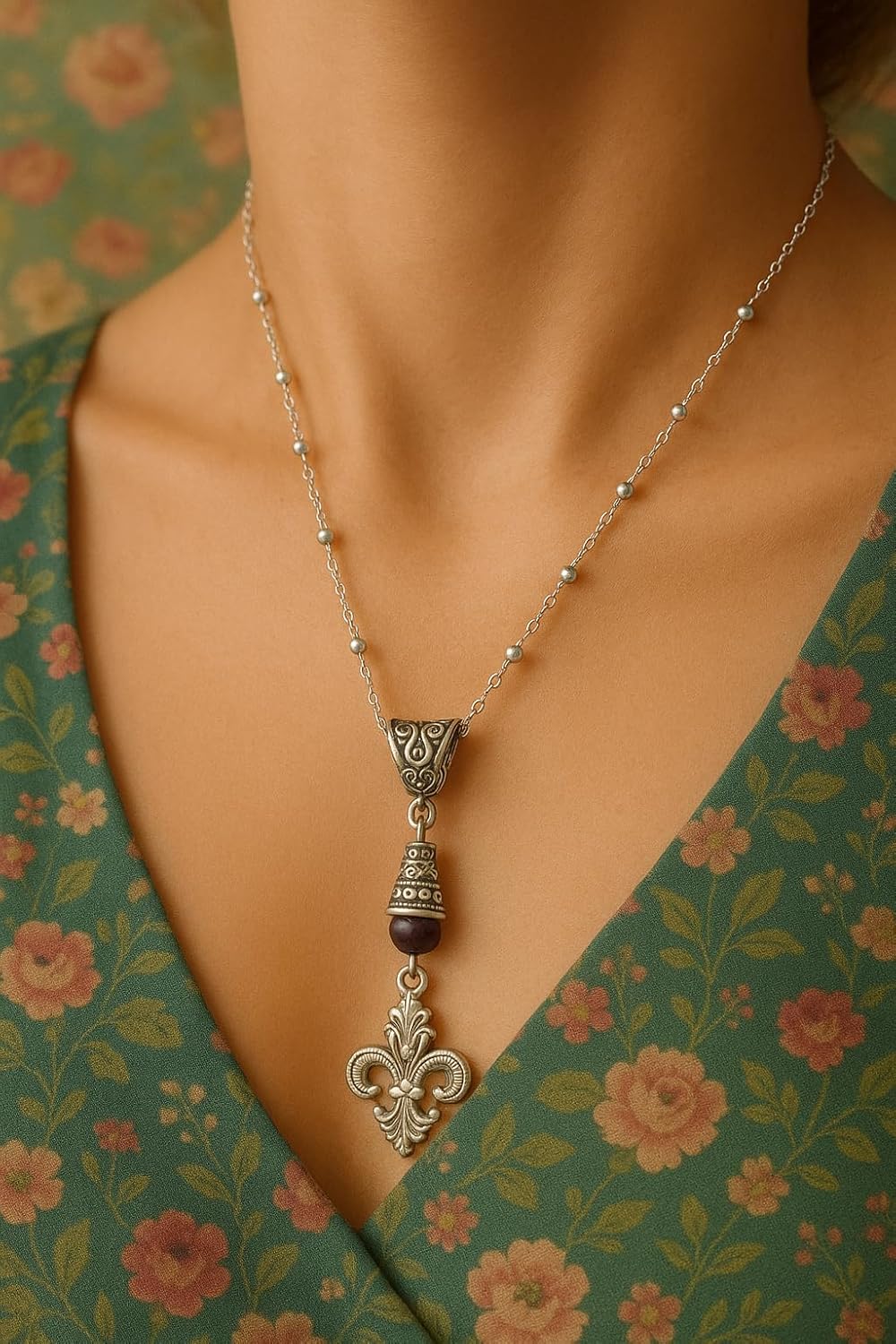 Fleur De Lis Handmade Necklace on a Sterling Silver Chain with a Dark Purple Accent