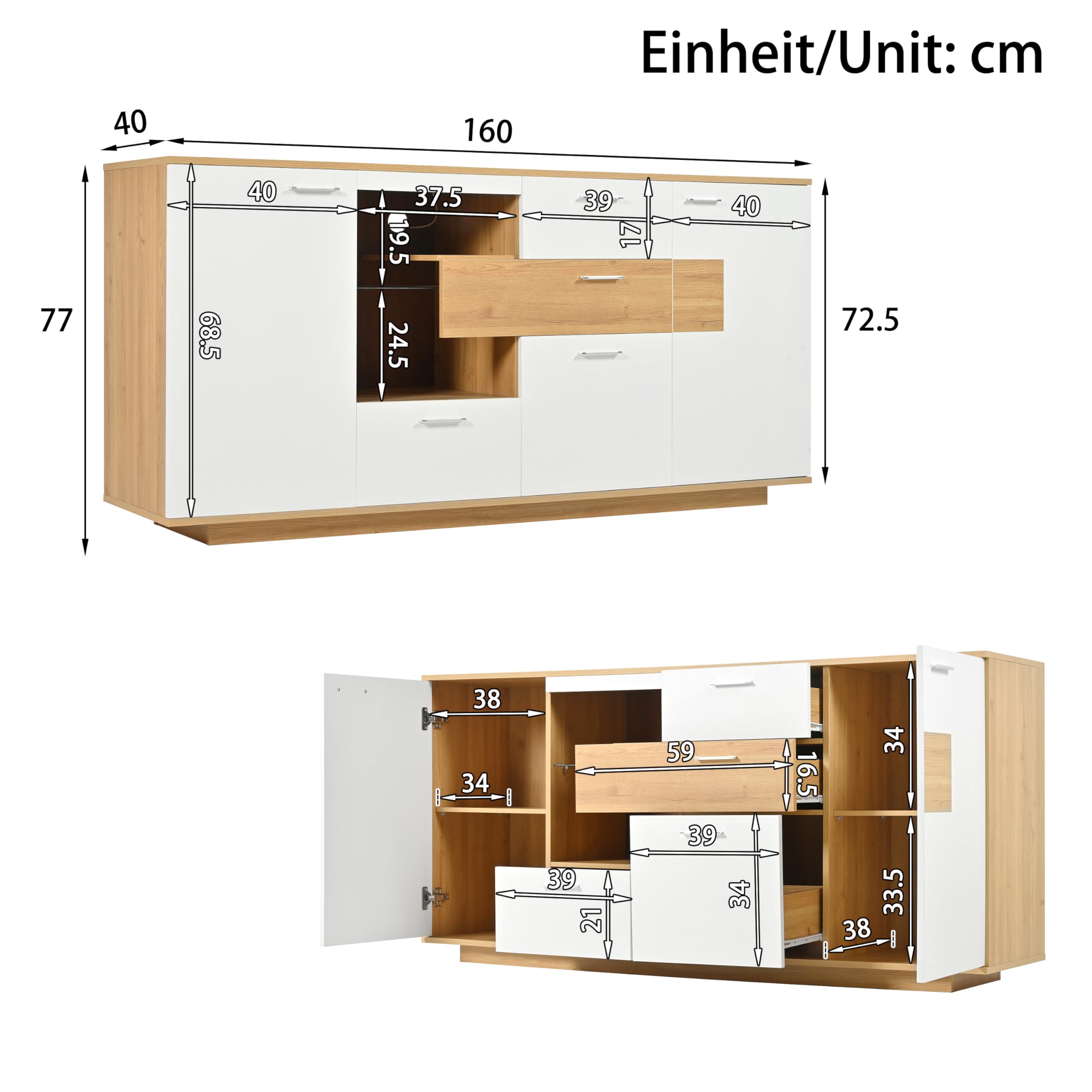 HOMYLIN Armadietto da buffet commerciale con LED RGB, stazione di servizio da 160 cm, con 4 cassetti e 2 ante, per caffetterie e catering, bianco