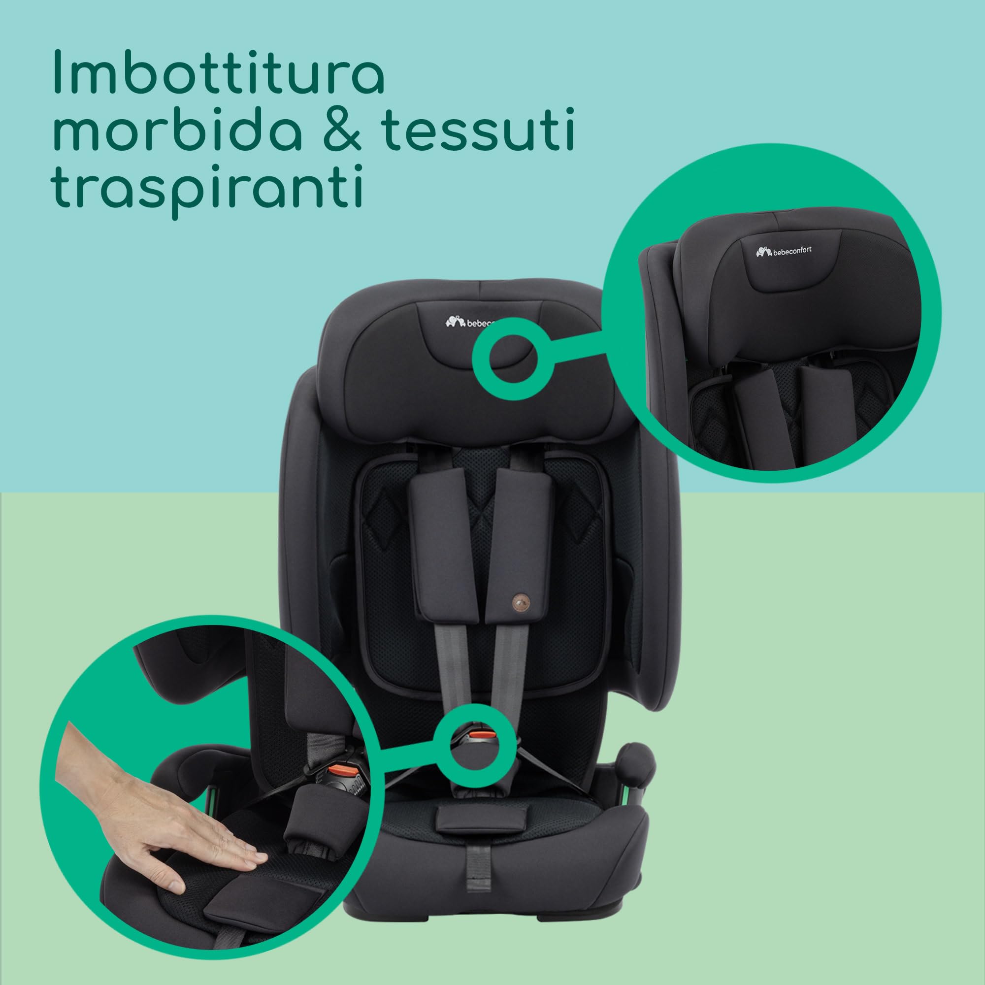 Bebeconfort Ever & Go i-Size, Seggiolino Auto 9-36 kg Evolutivo, 15 Mesi - 12 Anni, 76-150 cm, Seggiolino Auto Pieghevole ISOFIX, Leggero e Compatto (6kg), 15 Posizioni Poggiatesta, Full Black