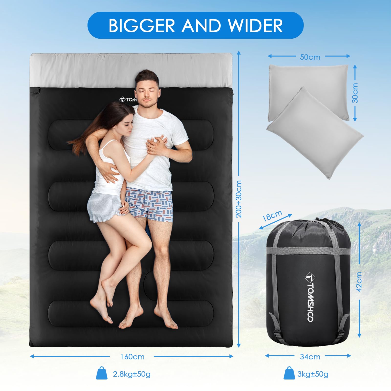 TOMSHOO Sacco a Pelo Matrimoniale, 230 x 160 cm Sacco a Pelo Doppio con 2 Cuscini, 3-4 Stagioni Sacco a Pelo Leggero Camper 2 Persone, per Campeggio Trekking Escursioni All'aperto Casa