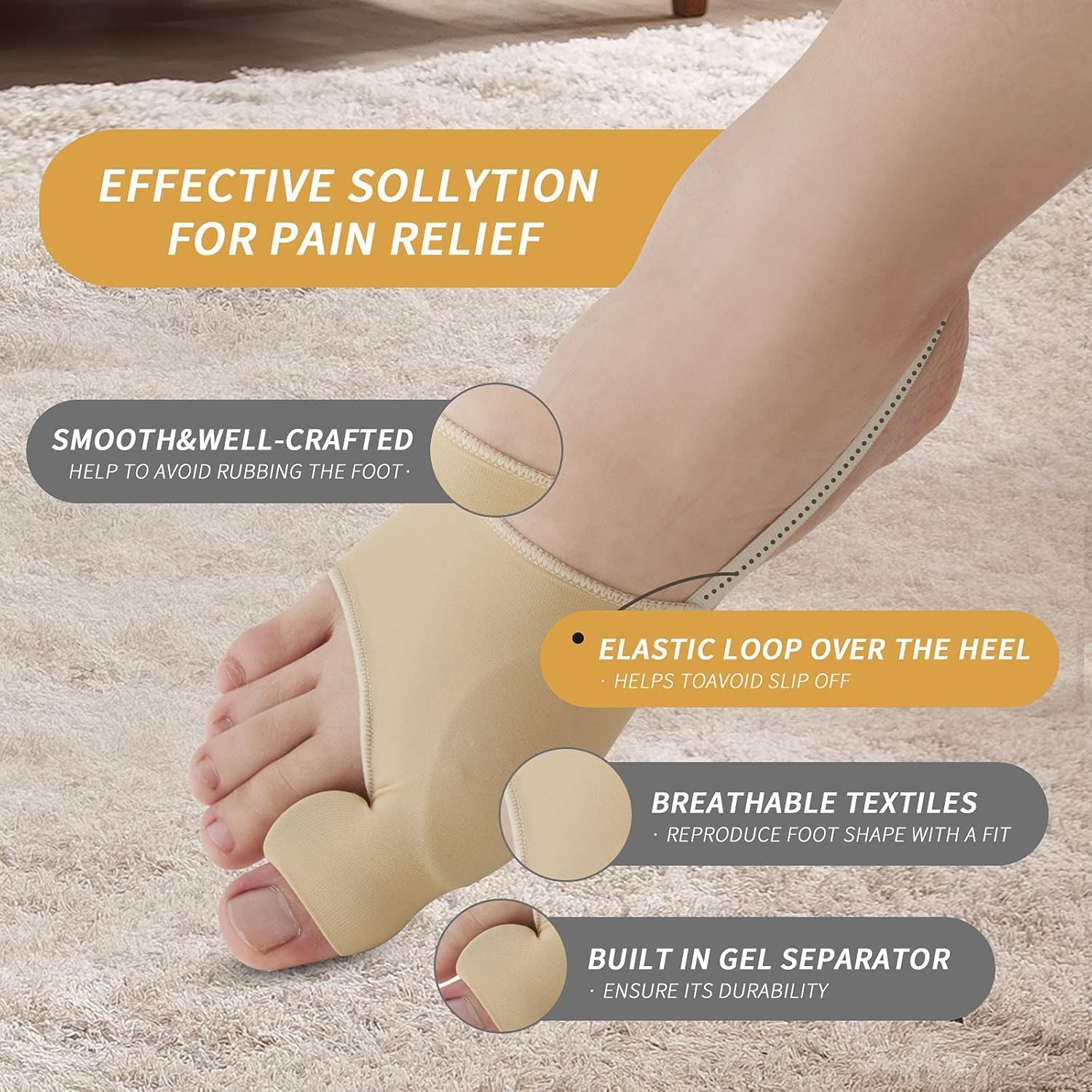 2PCS Bunion Corrector for Women & Men Big Toe Straightener - Bunions Correction Tool for - Bunion Splint with Soft Pads - Hallux Valgus Pain Relief, Breathable Fabric for Day & Night Wear (1, Beige)