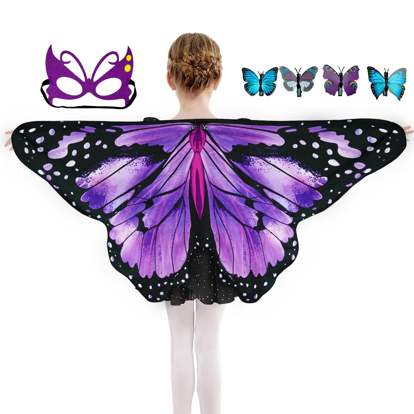 Sunlisky Kids Butterfly Wings Costume for Girls Fairy-Wings Mask Party Favors Gifts (Purple sets)