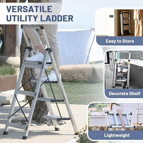 Miniatura 10 de XinSunho Escalera de 3 escalones, taburete plegable retráctil con pedal ancho antideslizante, escaleras de taburete de aluminio 3 escalones,