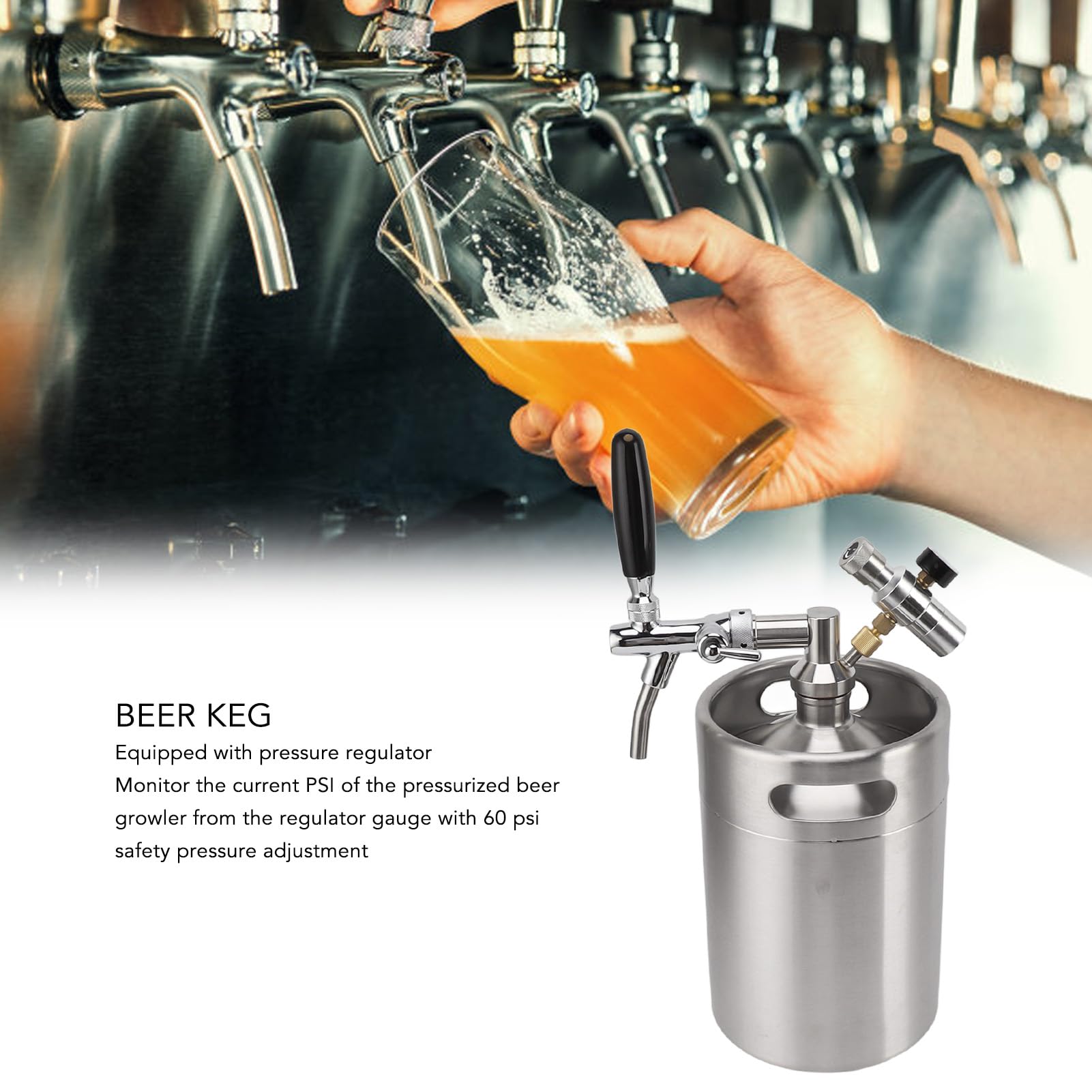 5L Mini Barril de Cerveza Inoxidable, Keg Growler con Grifo Ajustable | Portátil con Sistema de Dispensador a Presión y Regulador de Presión de 60PSI para Cerveza Casera, Artesanal y de Barril
