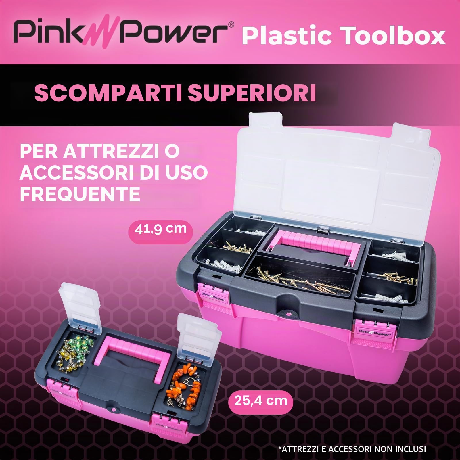 Pink Power Cassetta degli attrezzi rosa da donna, per cucito, arte e artigianato, piccola e grande, in plastica, con manico, cassetta degli attrezzi rosa, scatola per attrezzi da cucito, mini scatole