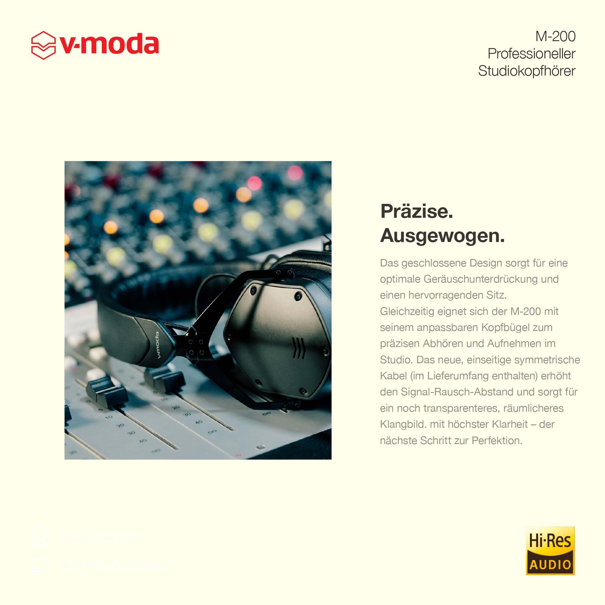 V-Moda M-200 professioneller Studiokopfhörer | Leichtmetallgehäuse | Anpassbares Kopfband zum Abhören mit einem Ohr | Hi-Res Audio-Zertifiziert | Exoskelett-Case | Mattschwarz
