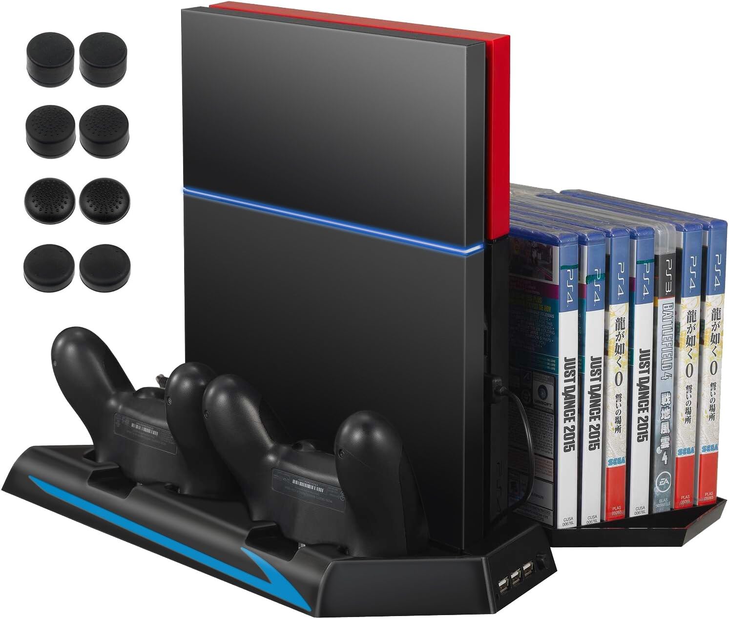 AMIR PS4 Vertical Stand Cooling Fan, Cooler Charging Station with 2 Controller Charging Port + 14 Game Disc Storage + 3 HUB Ports + 8 Controller Thump Grips (Not for Pro or Slim)