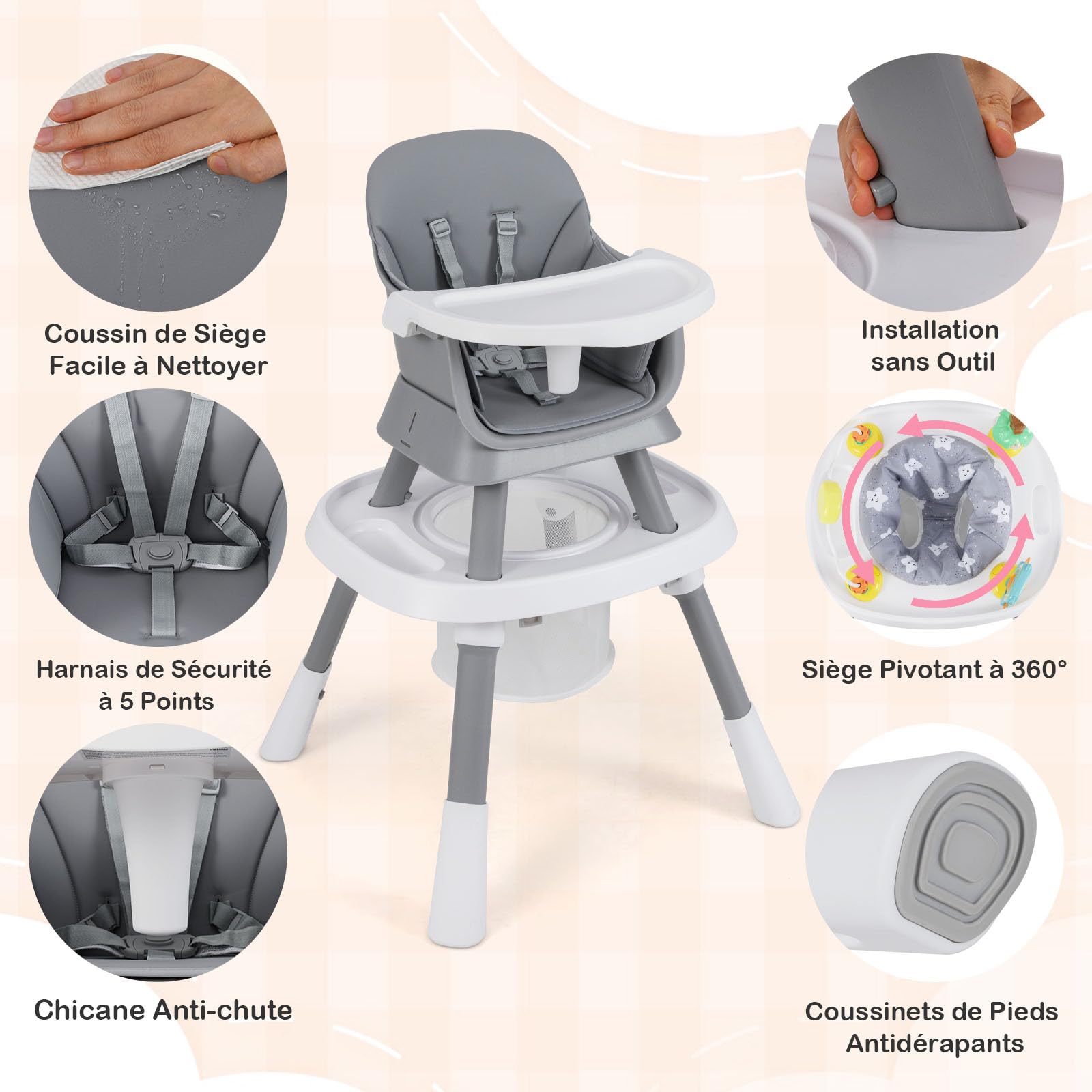 COSTWAY 16 en 1 Chaise Haute Bébé Evolutive, Plateau Réglable à 3 Niveaux, Table de Construction, Chaise Haute Bebe, Harnais à 5 Points, Siège Pivotant à 360°, 3 Jouets, pour 6-36 Mois (Gris)