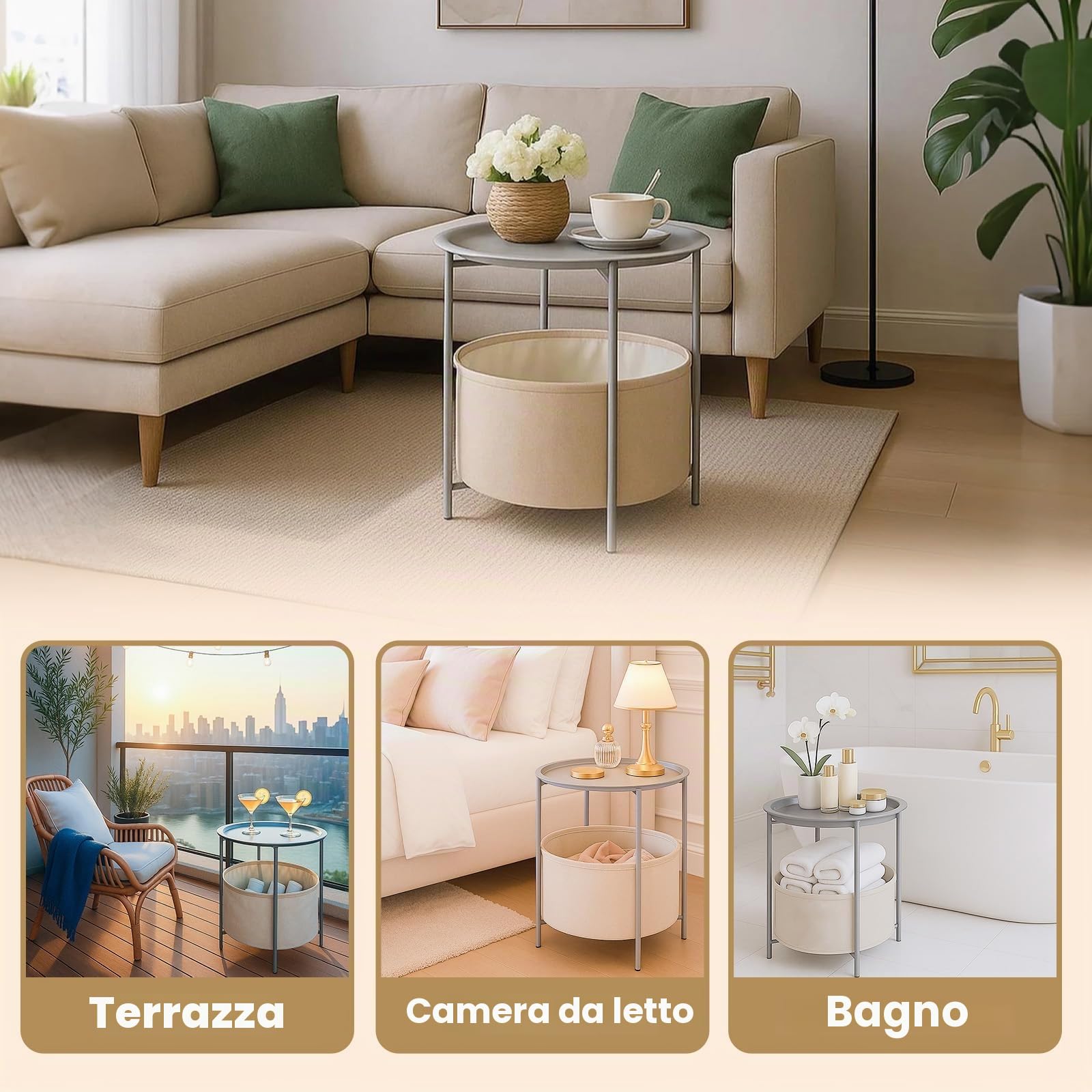 Rinkgarden Tavolino laterale rotondo con cesto in tessuto, moderno e robusto, tavolino terminale in metallo per soggiorno, camera da letto, comodino, cameretta, lavanderia o balcone (grigio + beige)