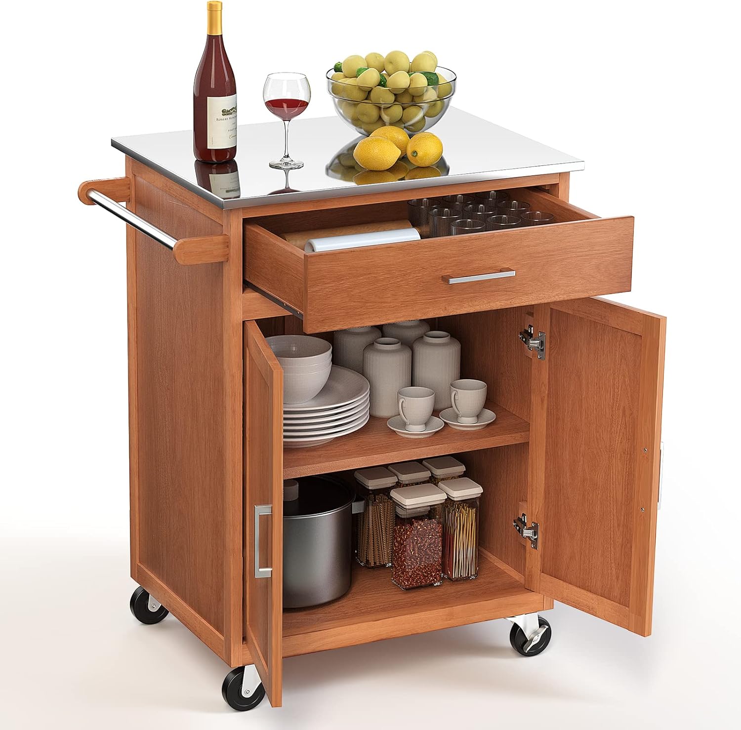Kitchen island cart with open drawer and cabinet doors, showing storage