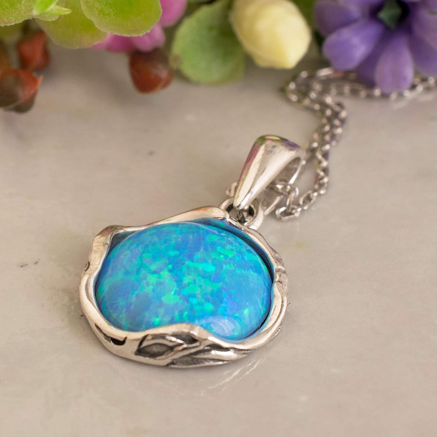 ADITA GOLD 925 Sterling Silver Blue Opal Necklace Women - Blue Opal Pendant Necklace Silver- October Birthstone Necklace - Silver Jewelry for Women- Minimalist Jewelry- Birthstone Necklaces - Image 4