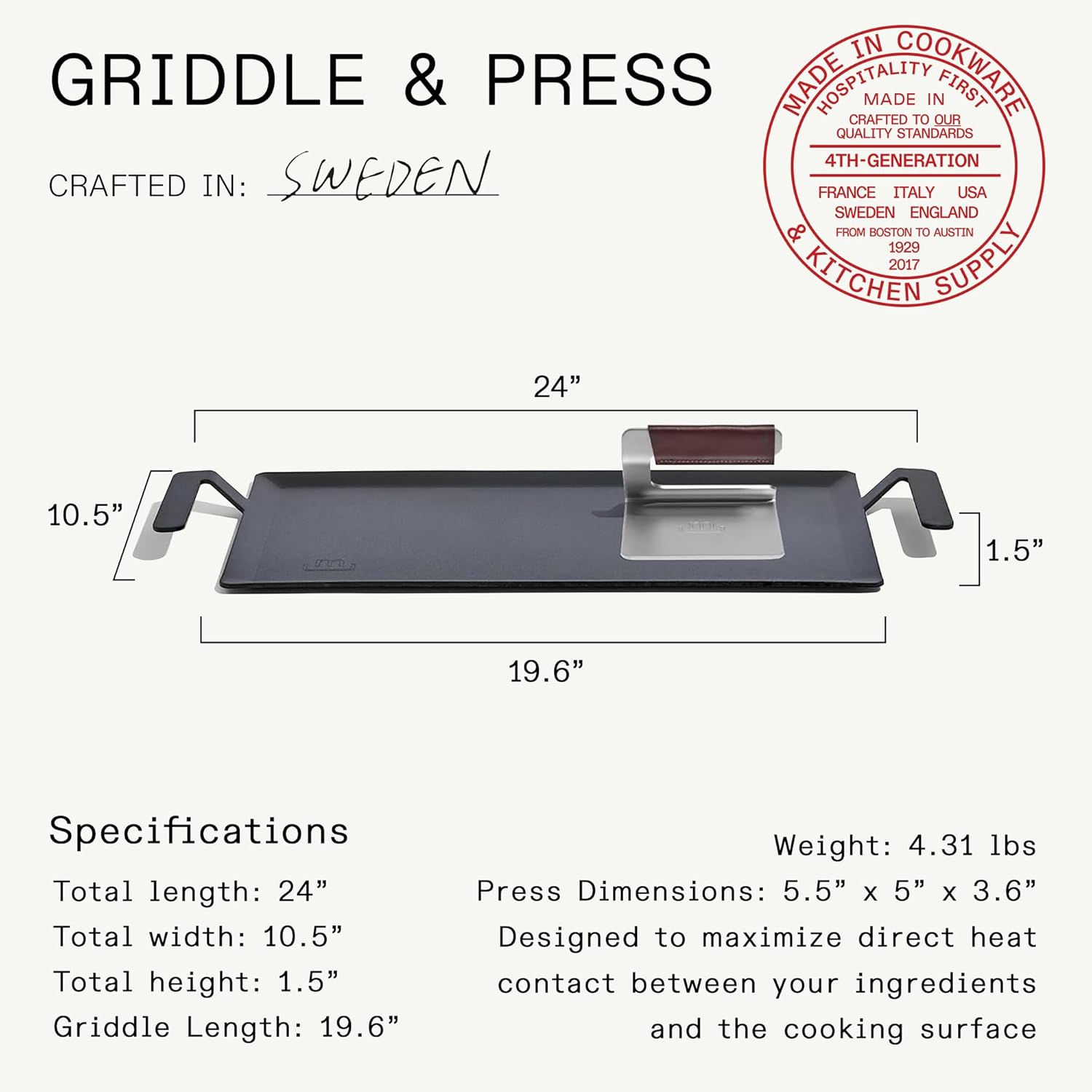 Made In Cookware | Carbon Steel Griddle + Grill Press - (Like Cast Iron, but Better) | Professional Cookware | Crafted in Sweden | Induction Compatible
