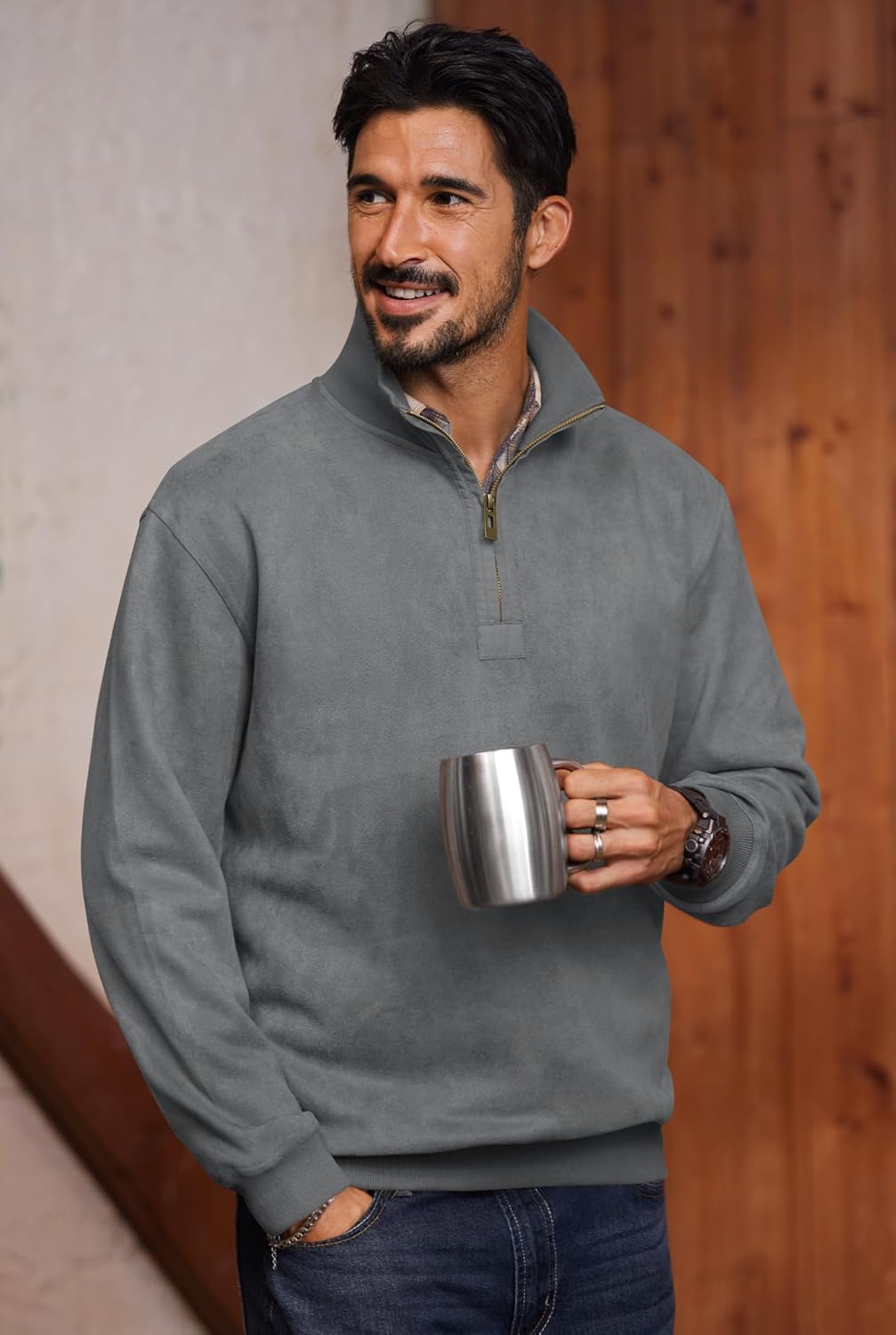 Mens Western Quarter Zip Pullover Midweight Mock Neck Suede Fabric Casual Sweatshirts (S-XXL) - Image 4