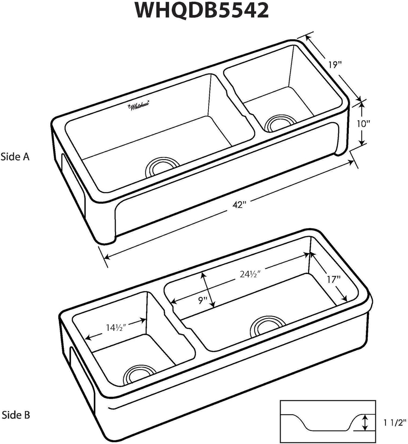 Farmhaus Fireclay Large Reversible Sink and Small Bowl with an Elegant Beveled Front Apron on One Side and a Decorative Lip on the Opposite Side