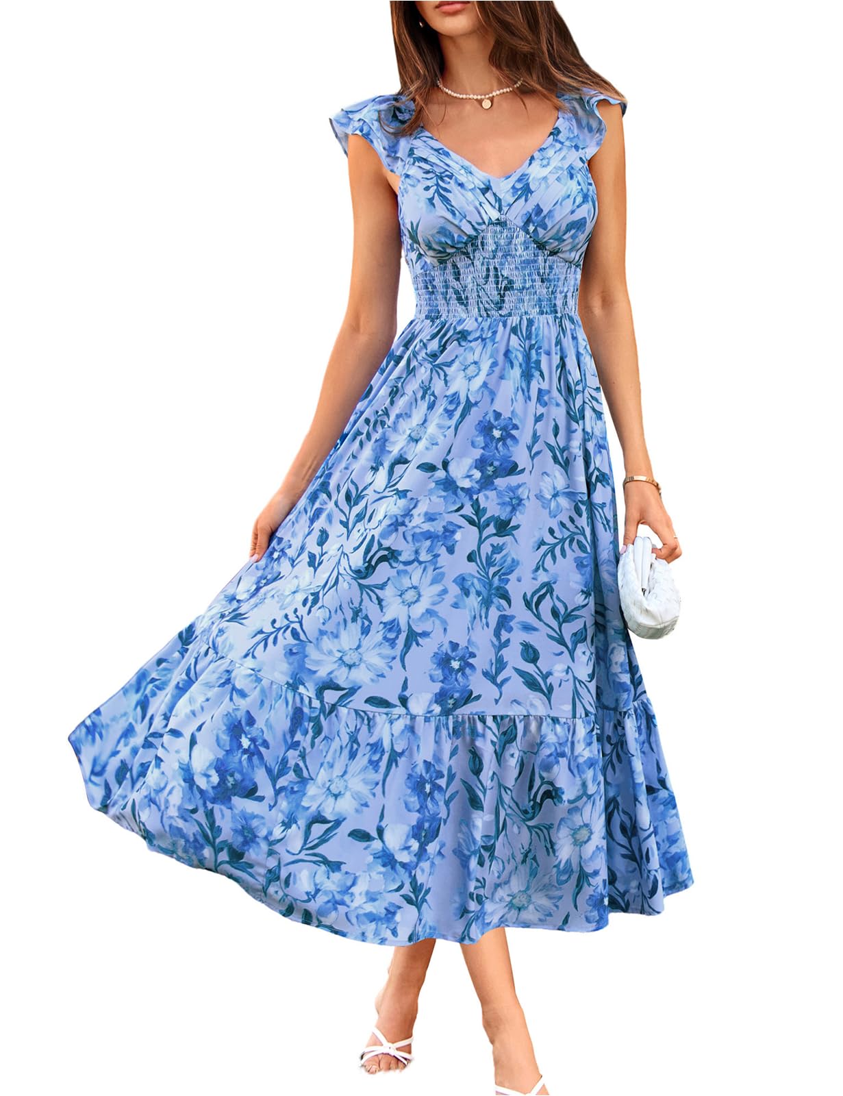 GRACE KARIN Damen Elegant Blumenkleid, Rüschenärmel V-Ausschnitt Kleid Damen Sommer mit Tasche, Sommerkleid Damen Leicht Strandkleid