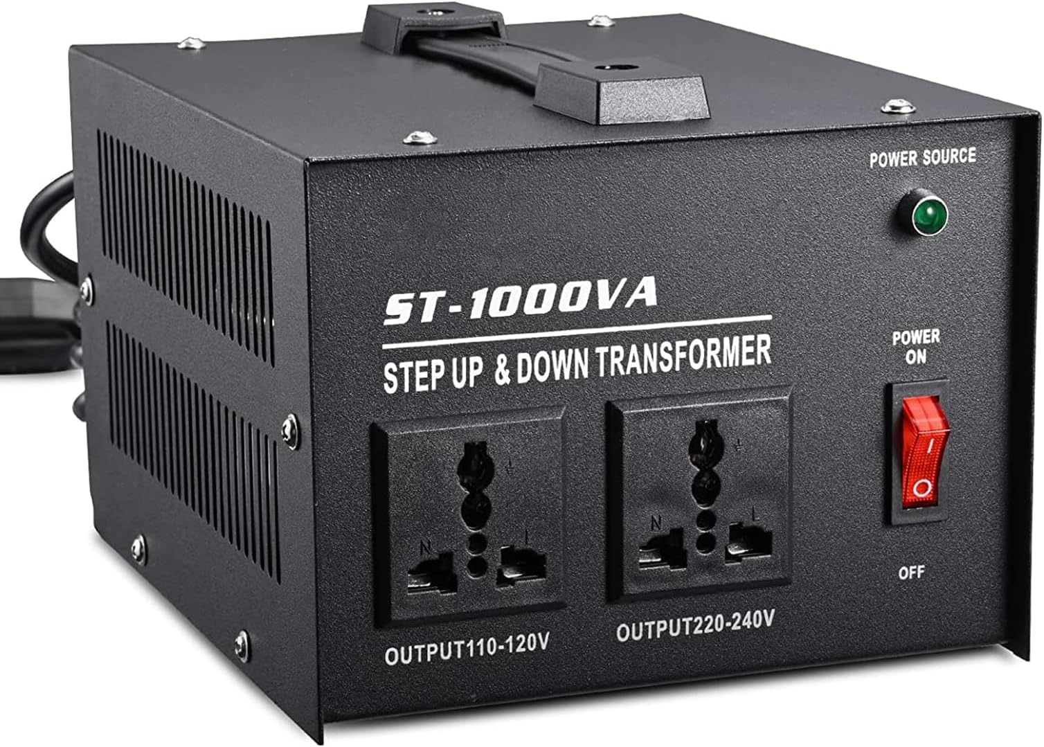 ST-1000VA Voltage Regulator Black 110V/120V/220V/240V Power Converter, Step Up/Down Transformer Converter, with Resettable Circuit Breaker Protection, Universal Socket, Household Compact